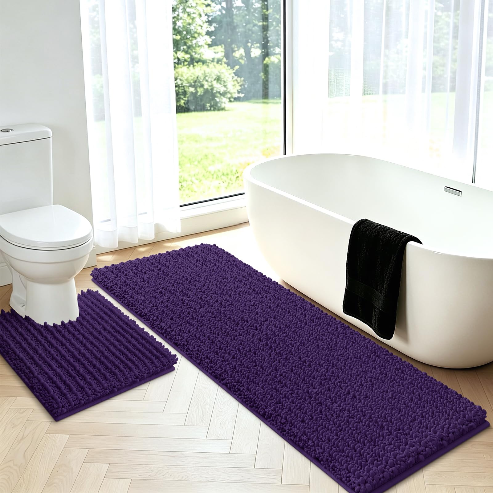 Upgrade Luxury 2 Piece Dark Purple Toilet Bathroom Rug Mat U Shape 24"x20"+48"x20", Ultra Soft Thick Absorbent Bath Mats, Non Slip Chenille Toilet Mat for Bathroom, Bedroom, Kitchen, Shower, Tub