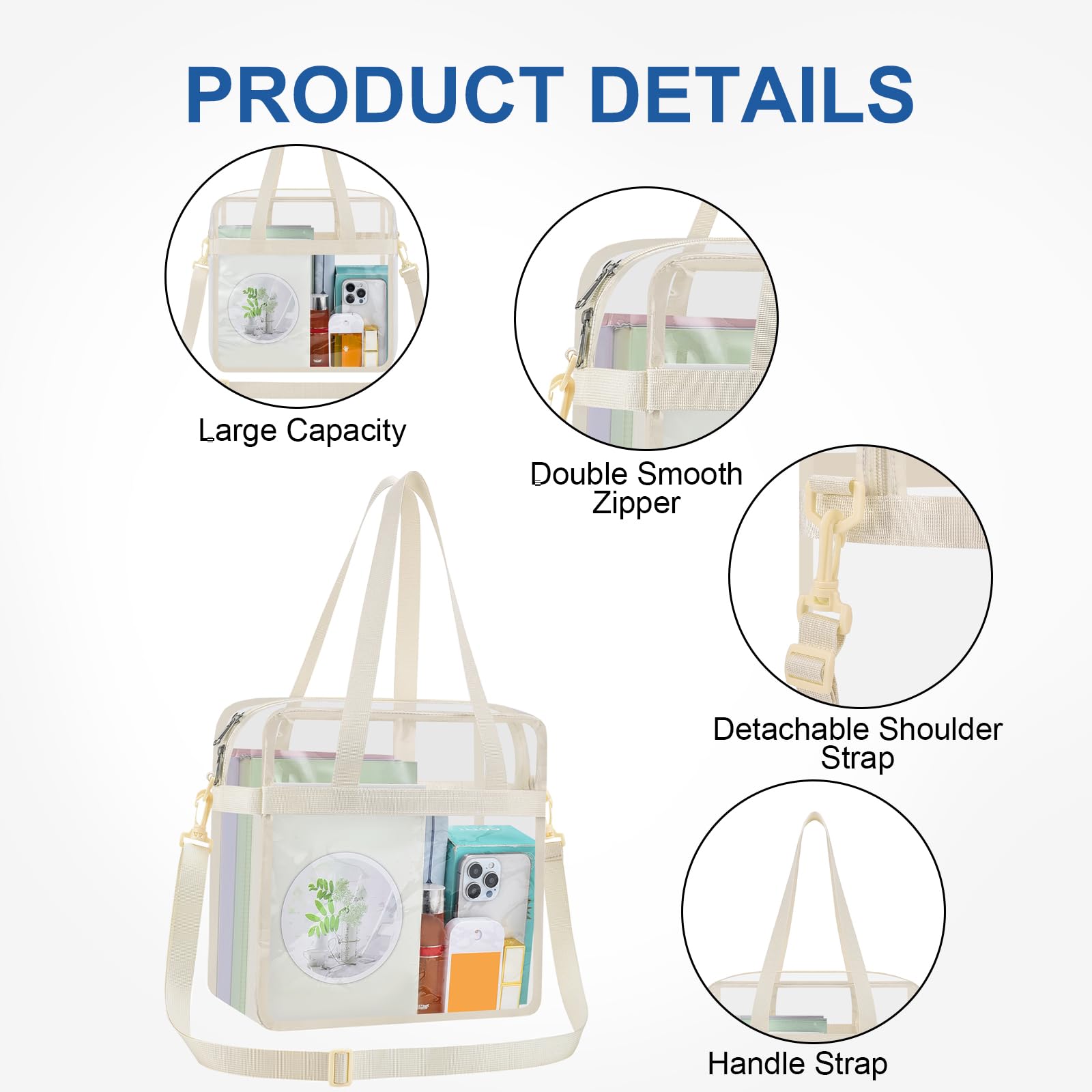 USPECLARE Transparente Tragetasche, Stadion-genehmigt, Sicherheits-Reisen und Fitnessstudio, transparente Tasche für Arbeit, Sport, Spiele, Konzerte, Cremig, Large