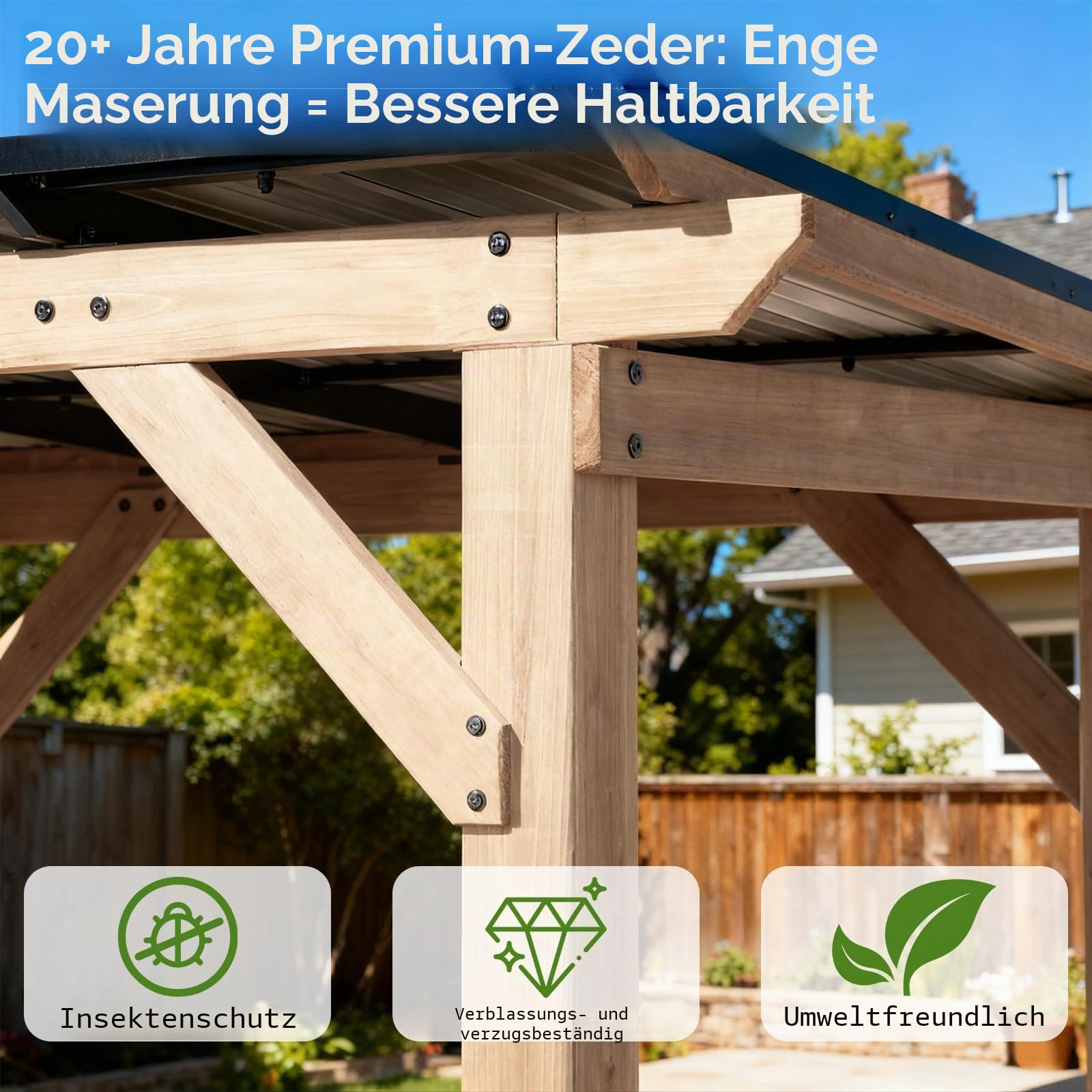 CHARMELEON Zedernholz-Gazebo 3,05 x 3,66 m, Holz-Grill-Gazebo mit geneigtem galvanisiertem Stahldach, dauerhaftes festes Terrassenpavillon für draußen, Hinterhof, Garten, überlegene Schnee- und