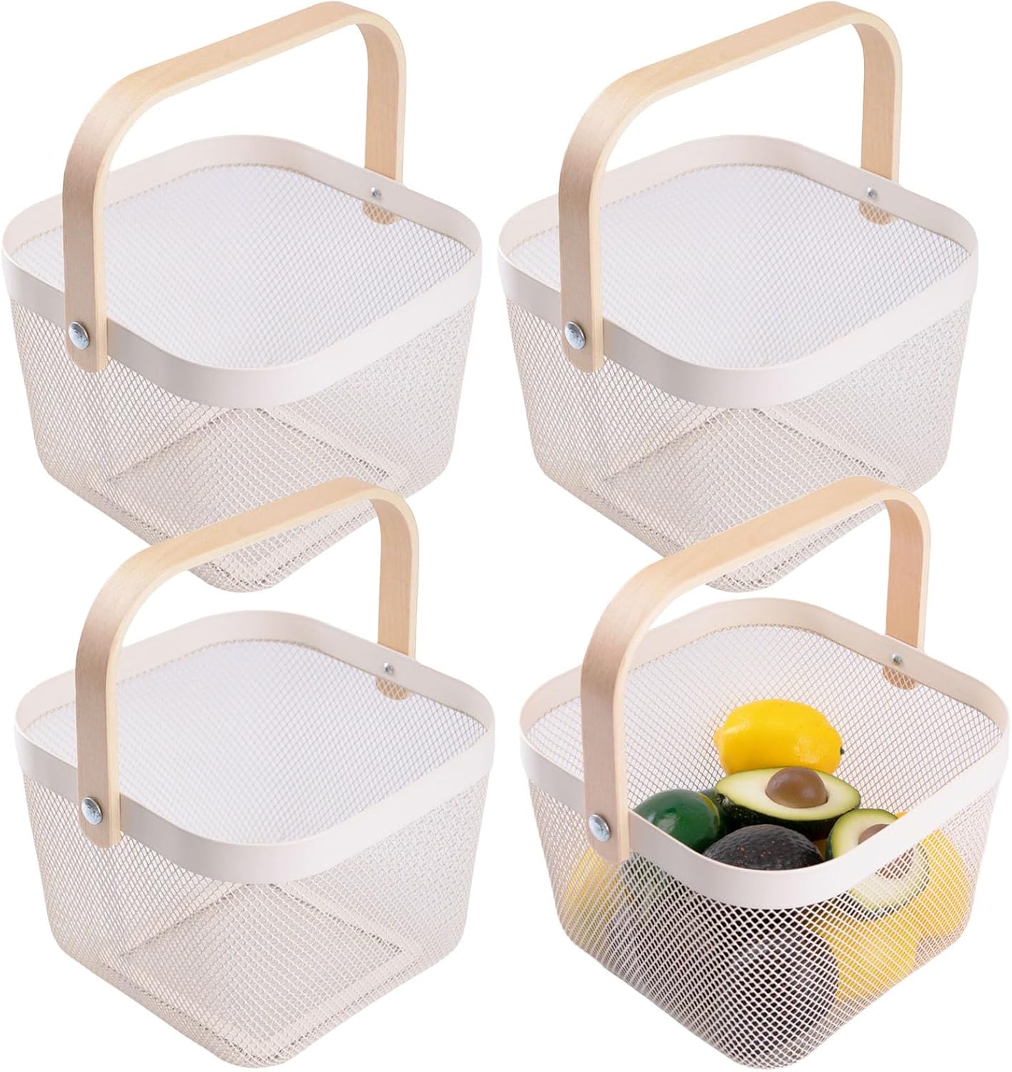 IBWell Square Metal Wire Woven Fruit Storage Bowl Basket with Wooden Handle, Large Black Mesh Fruit Stand, Multi-function Hanging Kitchen Baskets (White, Normal 4PCS)
