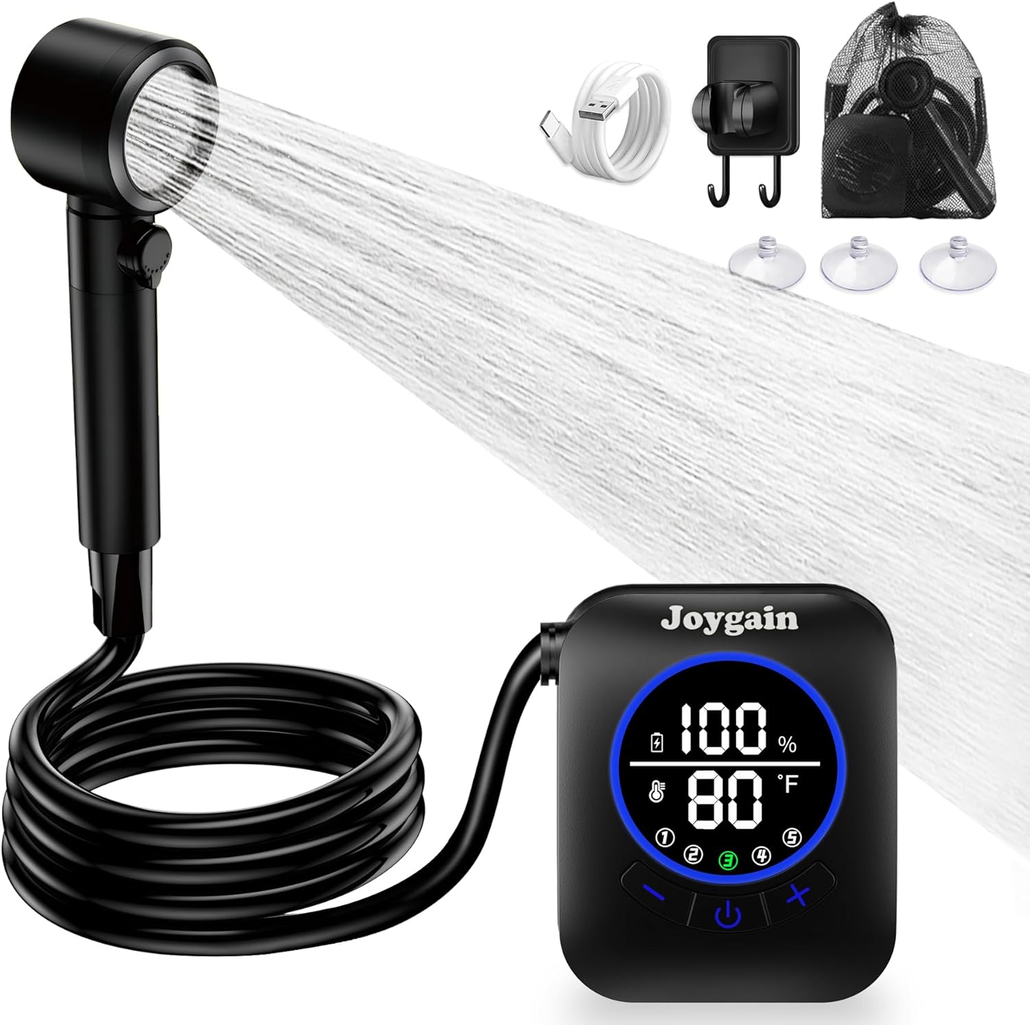 Portable Camping Shower with 8000mAh Rechargeable Battery - Lightweight Outdoor Shower Pump with 2.5m Hose, Hook & Suction Cup, for Van Life, RV, Pet, Hiking, Beach, Festival Use