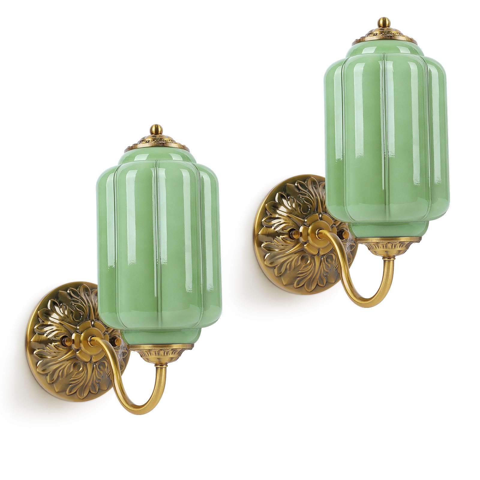 Photo 1 of Pandaluna Vintage Wall Sconce, Green Milk Glass Light Fixture, 5.5In Art Deco Antique Wall Sconce for Bedroom Bathroom Living Room Hallway Entryway, E12 LED Bulb Included, Antique Gold & Green 2 Pack