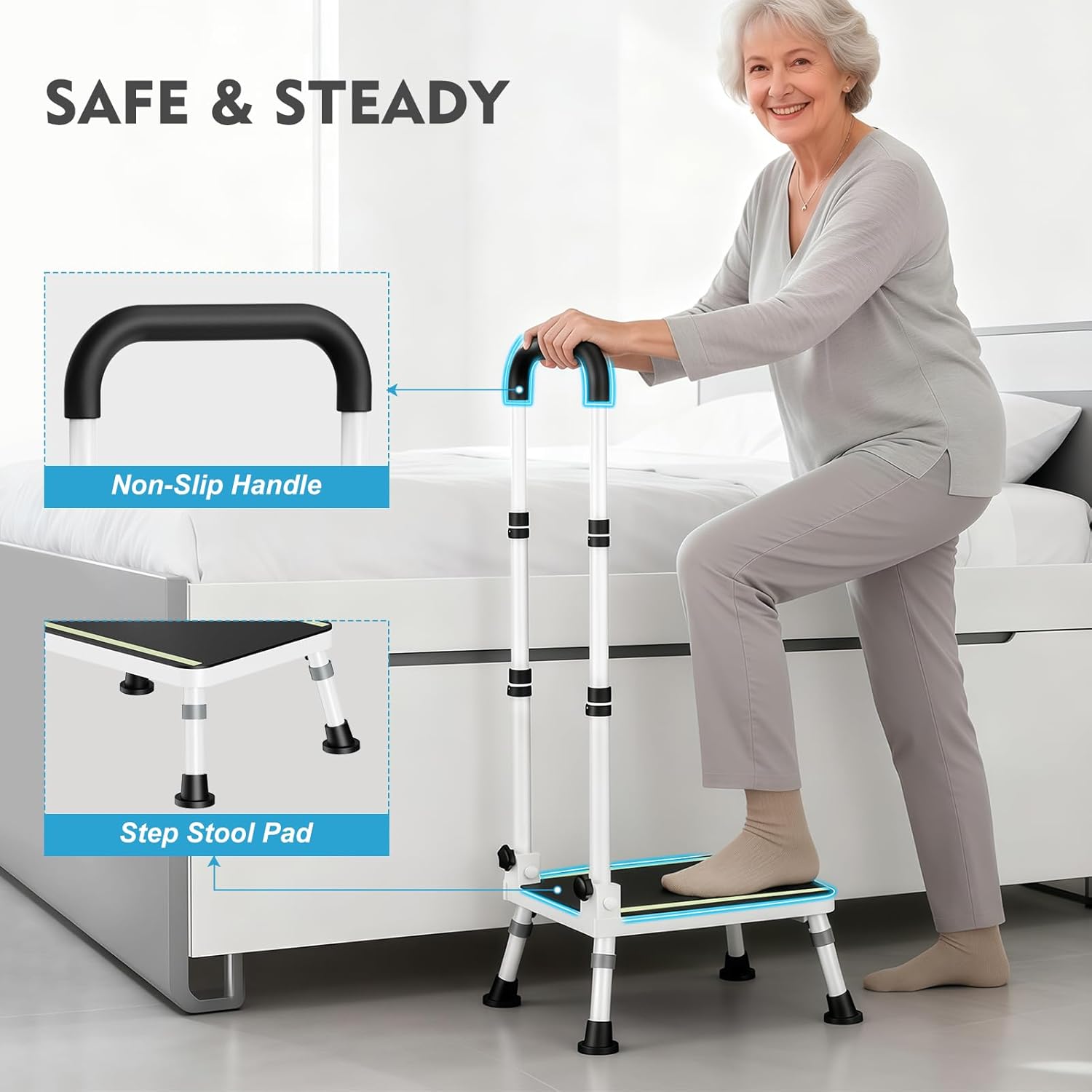 Bed Step Stool for Elderly & Seniors – Portable Step Stool with Handle for Travel, Kitchen, Bedside Sturdy Step Stool for Elderly, Adult, Kids, 500 lbs Capacity at Kitchen, Bedroom, Bathroom, Car
