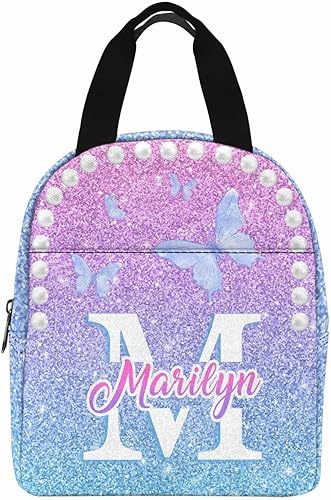 Miniatura 31 de InterestPrint Lonchera personalizada con nombre para niños, hielera de mariposa con purpurina personalizada, bolsa de almuerzo reutilizable