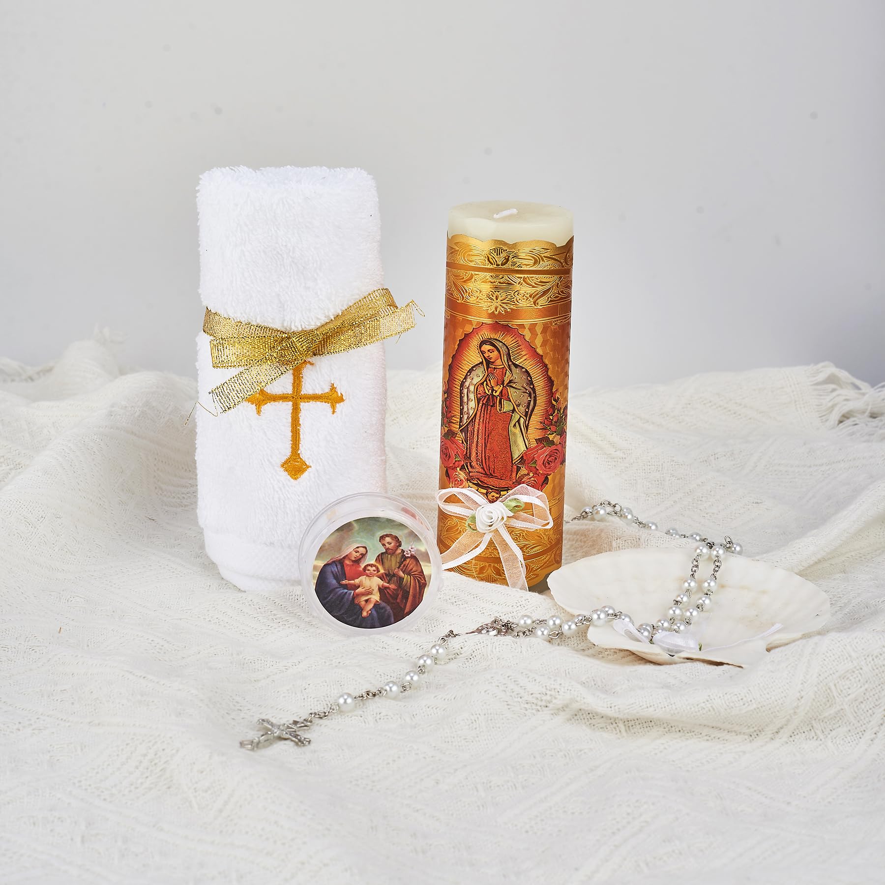 Juego de velas de bautizo para niños y niñas, juego de velas de bautizo católicas, velas para bautizo, vela de bautizo para niño, incluye vela de la Virgen de Guadalupe, toalla, rosario y concha