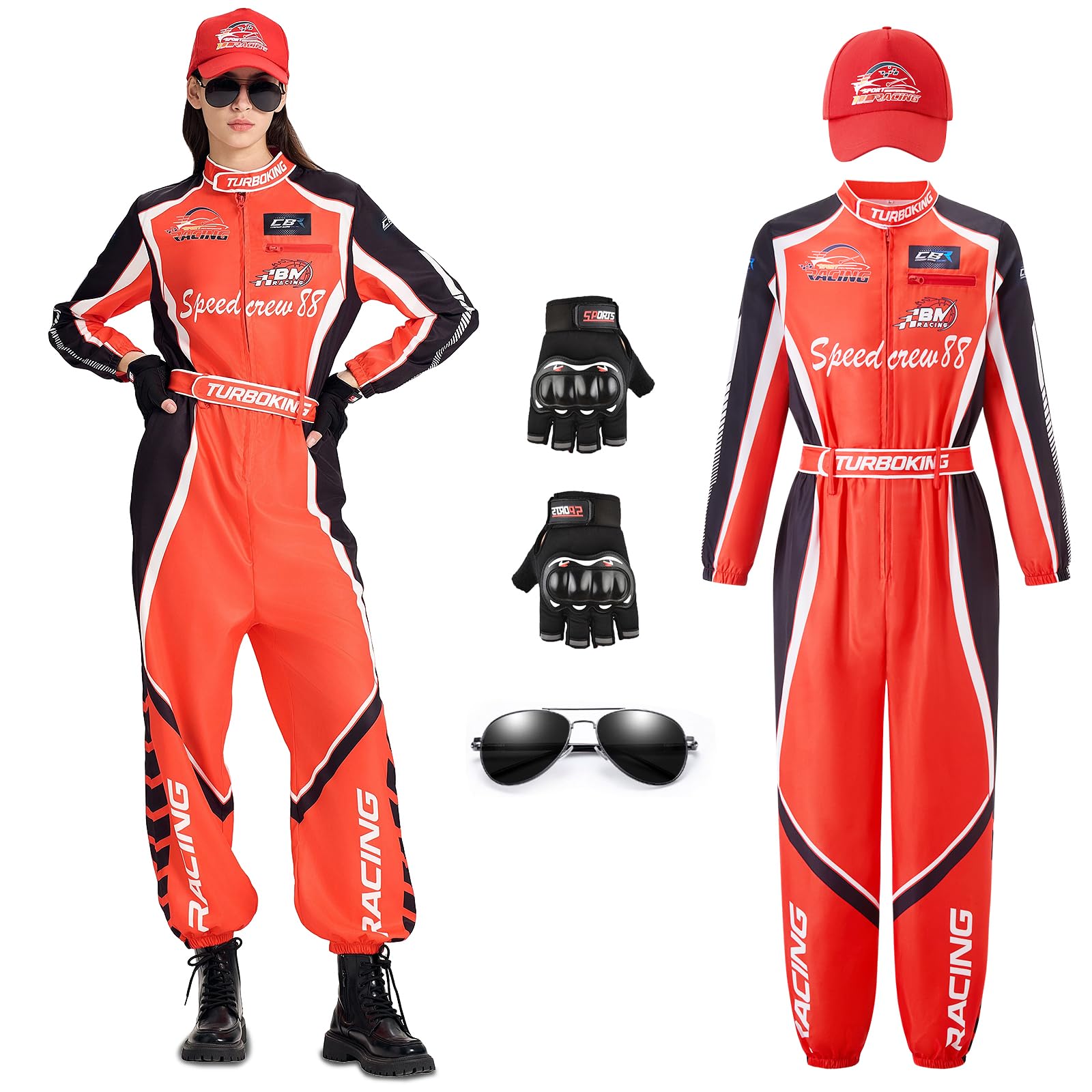 Rennfahrer Kostüm Für Herren – Roter Overall Jumpsuit Mit Handschuhen, Mütze, Sonnenbrille & Zielflaggen, Ideal Für Karneval, Halloween & Motorsport-Partys