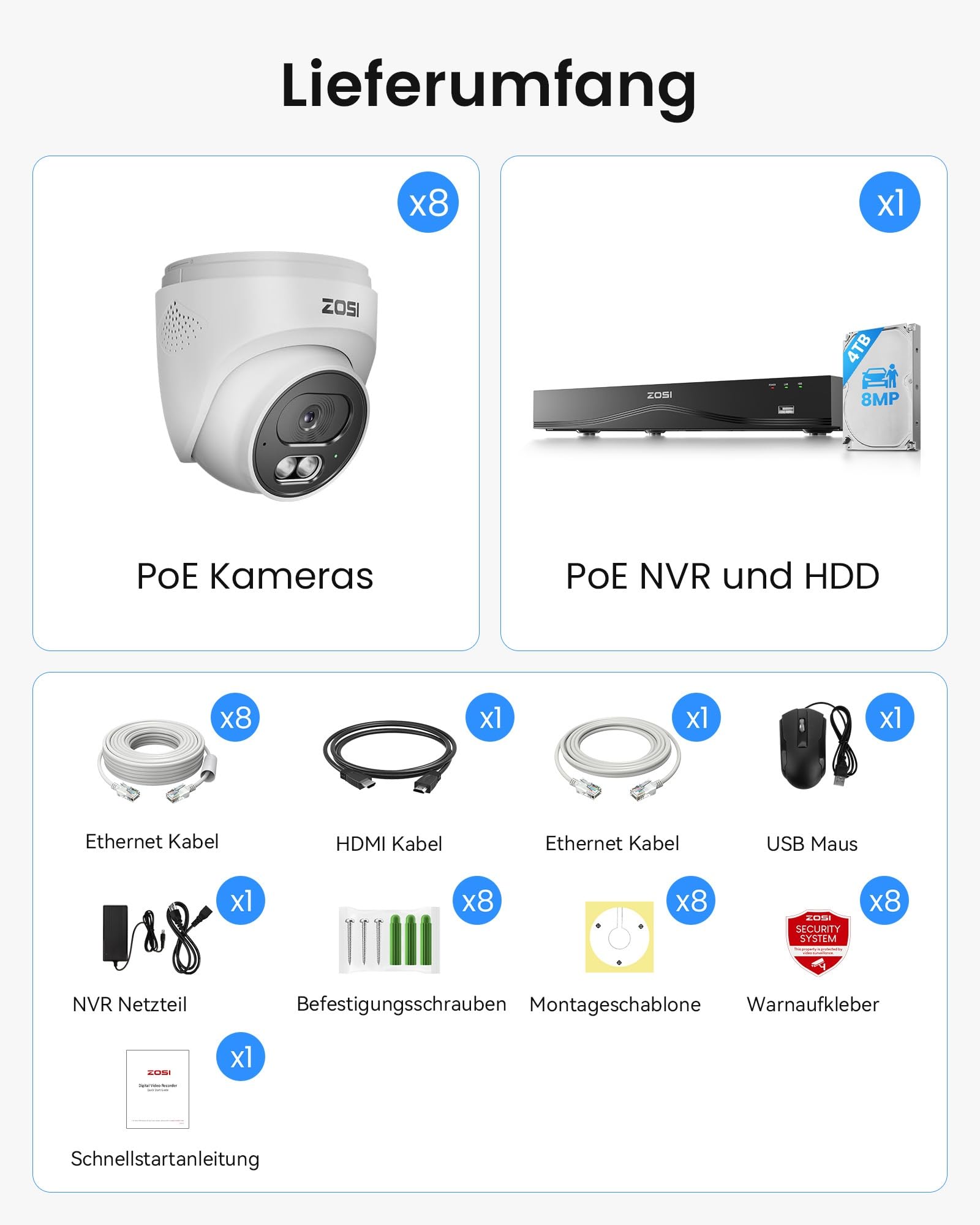 ZOSI 4K PoE Überwachungskamera Set Aussen, 8X 8MP Kameras mit 2-Wege-Audio | 4TB HDD NVR erweiterbar auf 32CH, Personen-/Autoerkennung, 30M IR Nachtsicht, C220