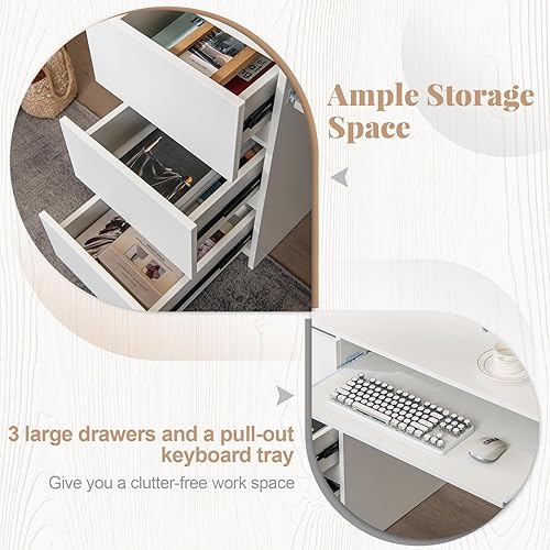 Miniatura 5 de Giantex Escritorio blanco con cajones, moderno escritorio para computadora con estación de carga y bandeja para teclado, estación de trabajo para