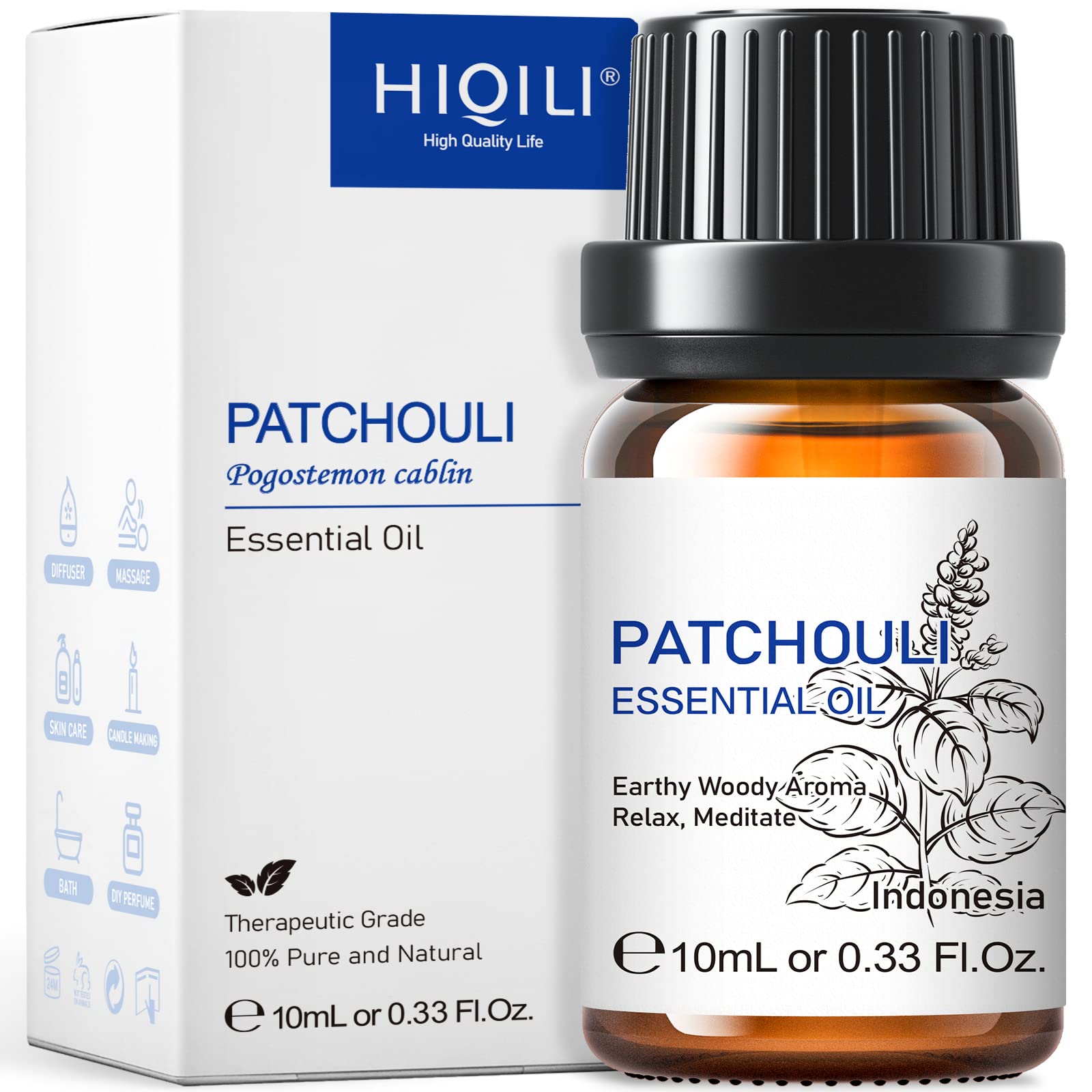 HIQILI 0.33Fl Oz Patchouli Essential Oil,100% Pure for Diffuser,Perfume DIY, Candle Soap Making-10ml