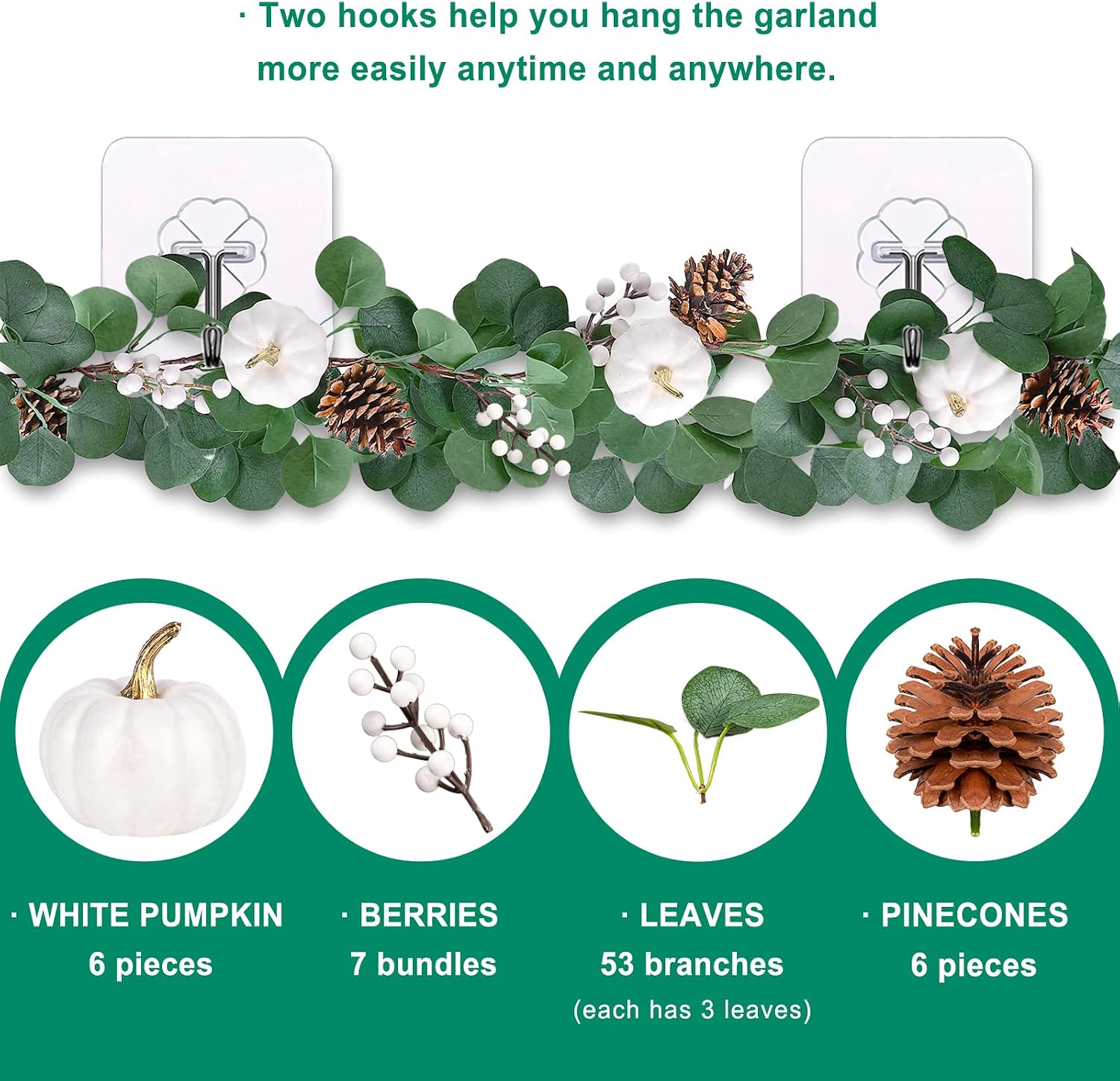 Whaline Autumn White Pumpkin Garland 6.23Ft Fall Artificial Eucalyptus Garland with 2 Hooks Pine Cone Fake Green Leaves Hanging Decoration for Wedding Backdrop Door Table Decor