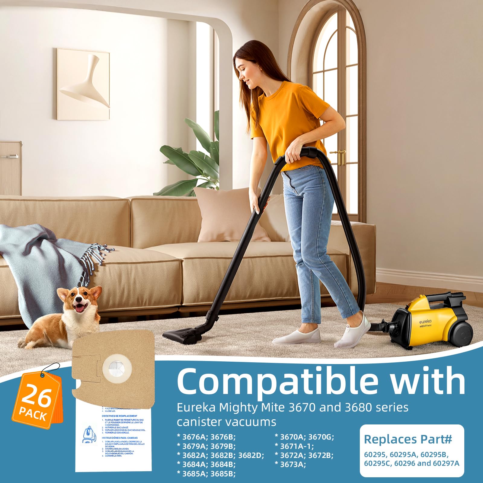 Paquete de 26 bolsas de vacío Style MM, para aspiradoras Eureka Mighty Mite serie 3670 y 3680, sustituye a las bolsas de aspiradora 60295, 60295A, 60297A