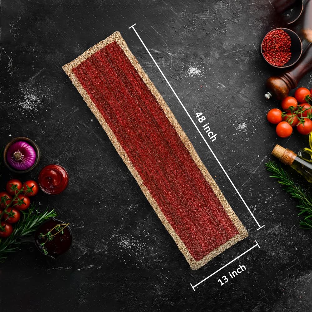 Madhu International Jute Table Runner 48 Inches Long, Sustainable Handcrafted Dining Rug, Perfect for Rustic Farmhouse, Kitchen, Wedding, and Living Room Décor - Red, 13x48 Inches