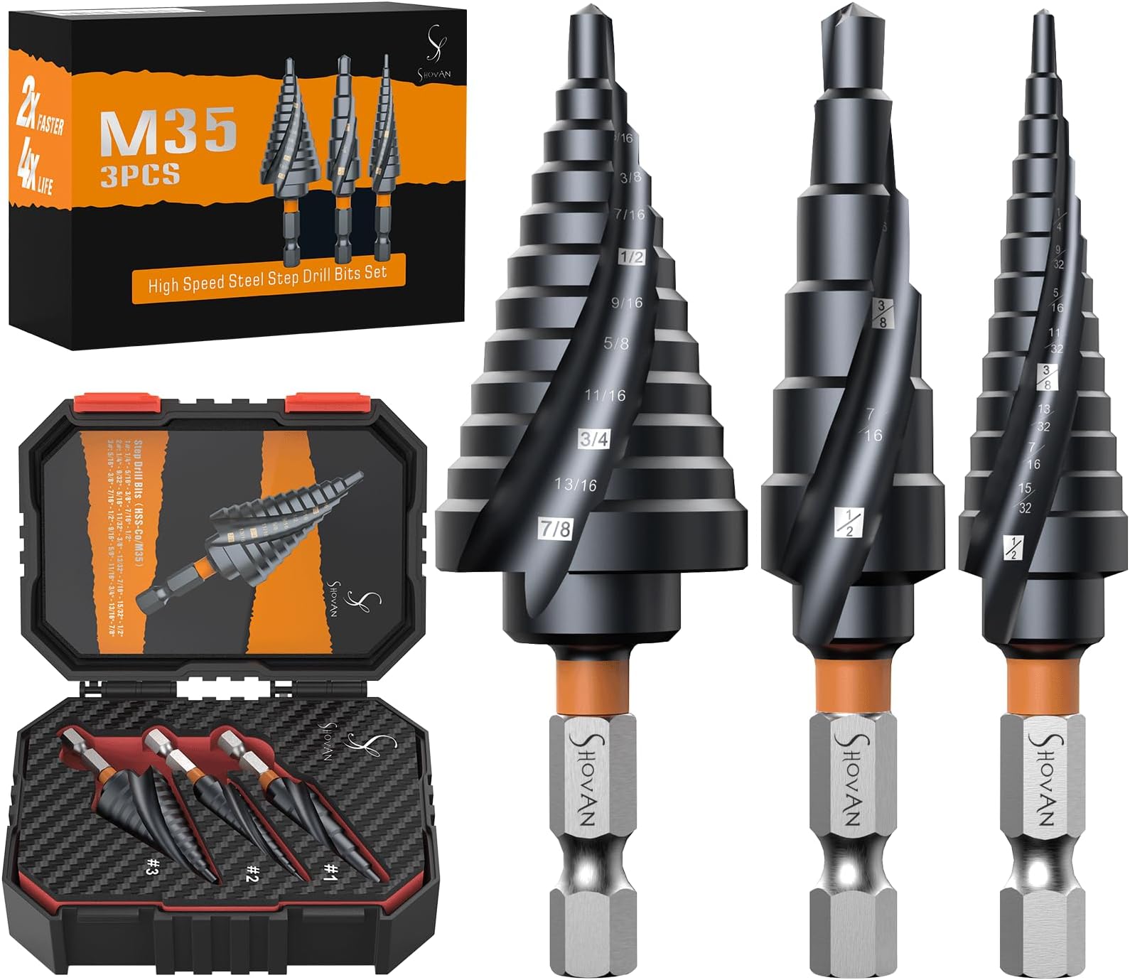 3PCS Premium HSS & M35 Cobalt Spiral Step Drill Bit Sets (1/4"-7/8"), TiAlN Coated for Superior Durability, Cone Drill Bit for Sheet Metal, Stainless Steel, Aluminum, Wood, Plastic and DIY Projects