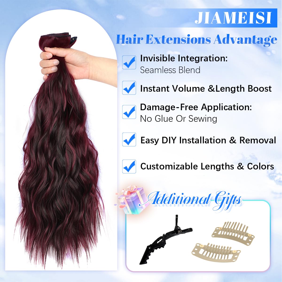 JIAMEISI Clip in Hair Extensions 4PCS Full Head Long Wavy Hair Extensions Synthetic Fiber 22 Inch 200g Clip in Thick Hairpieces for Women/Girls (#118/4 Dark Brown Mixed Burgundy) - Image 4