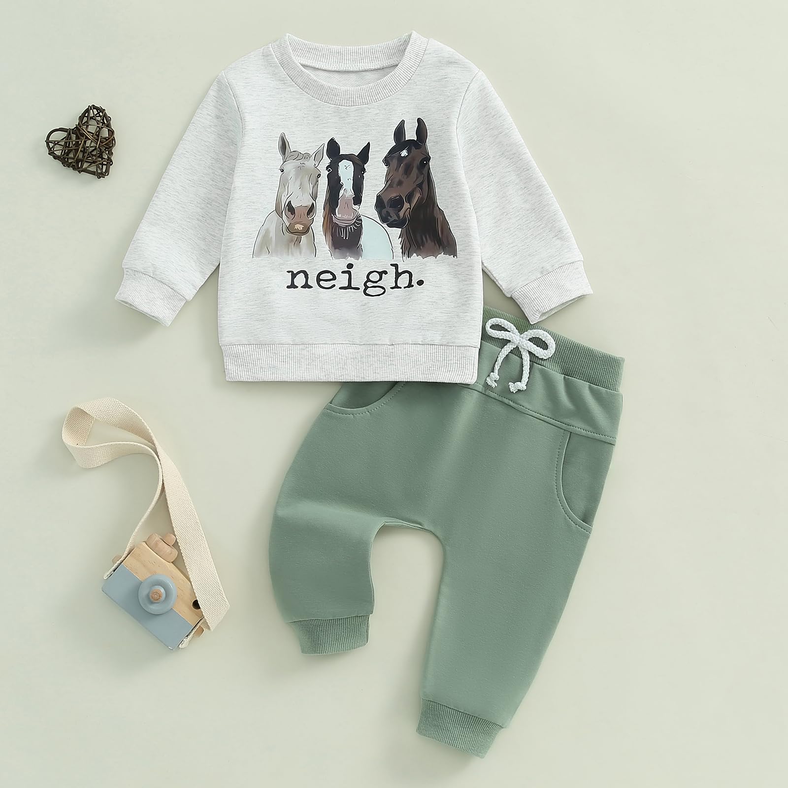Ursobutegl Toddler Baby Boys Outfits Western Country Farm Long Sleeve Sweatshirt Pullover Tops Jogger Pants Set Fall Clothes (Light Green, 18-24 Months)