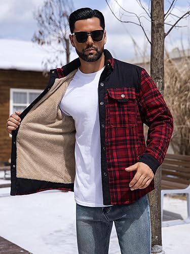 Miniatura 5 de Zaitun Camisa de franela de pana con forro de sherpa para hombre, chaqueta de manga larga con botones, abrigo de forro polar para hombre con bolsillo