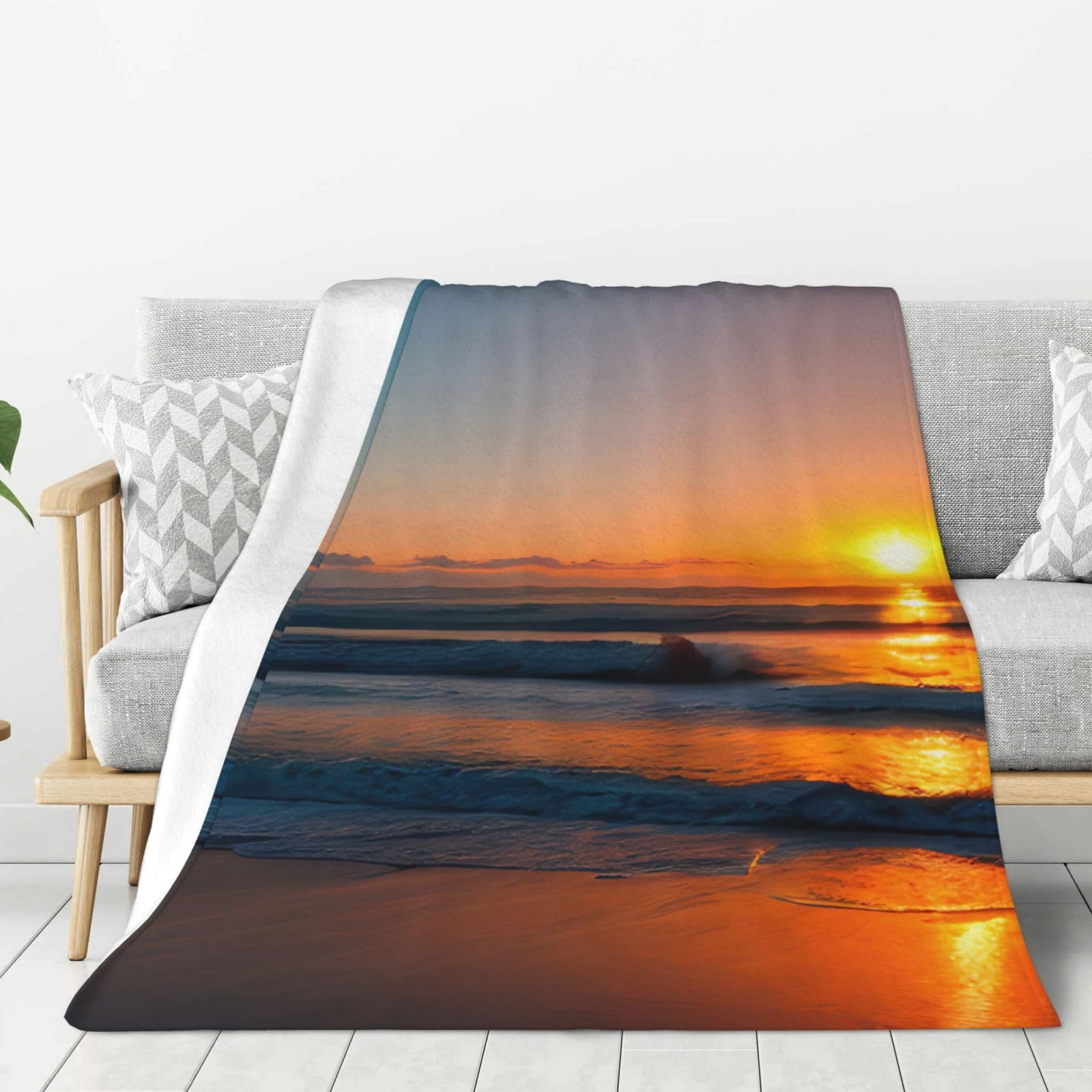 Couverture douce canapé contre le froid motif lever de soleil océan