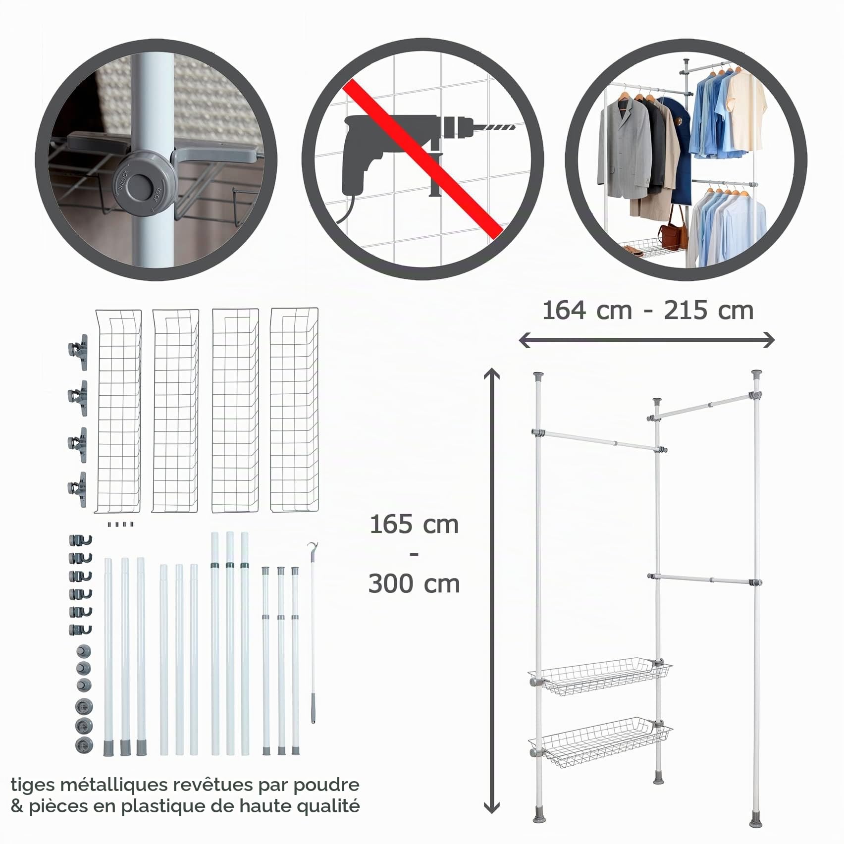 WENKO Portant vêtement téléscopique Dressing sur Mesure Herkules Duo| Garde Robe 3 tringles 2 paniers Solution sans perçage | Réglable Longueur et Hauteur | Acier| 164-215x165-300x38cm | Blanc