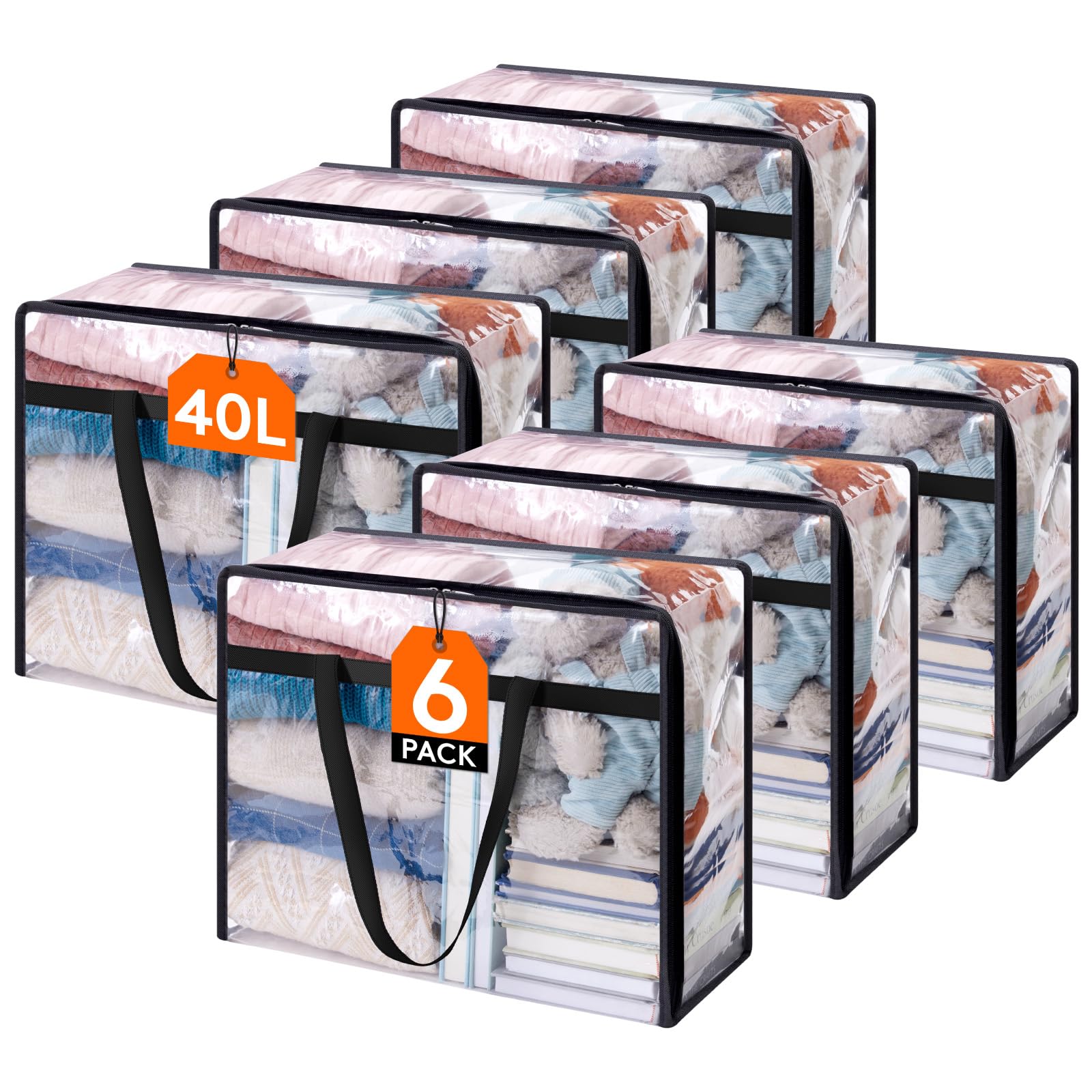 Lifewit 6 Pack Clear Clothes Storage Bags, 40L Plastic Blanket Storage Bag, Vinyl Foldable Moving Bags with Zipper, Closet Organizers and Storage Containers for Bedding, Duvet, Comforter