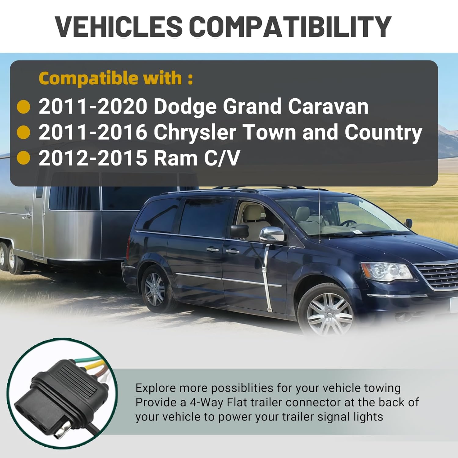 4-Pin Trailer Wiring Harness 56331 Compatible with 2011-2020 Dodge Grand Caravan, 2011-2016 Chrysler Town and Country, 2012-2015 Ram C/V，4-Way Tow Hitch Wire T-Connector Plug n Play
