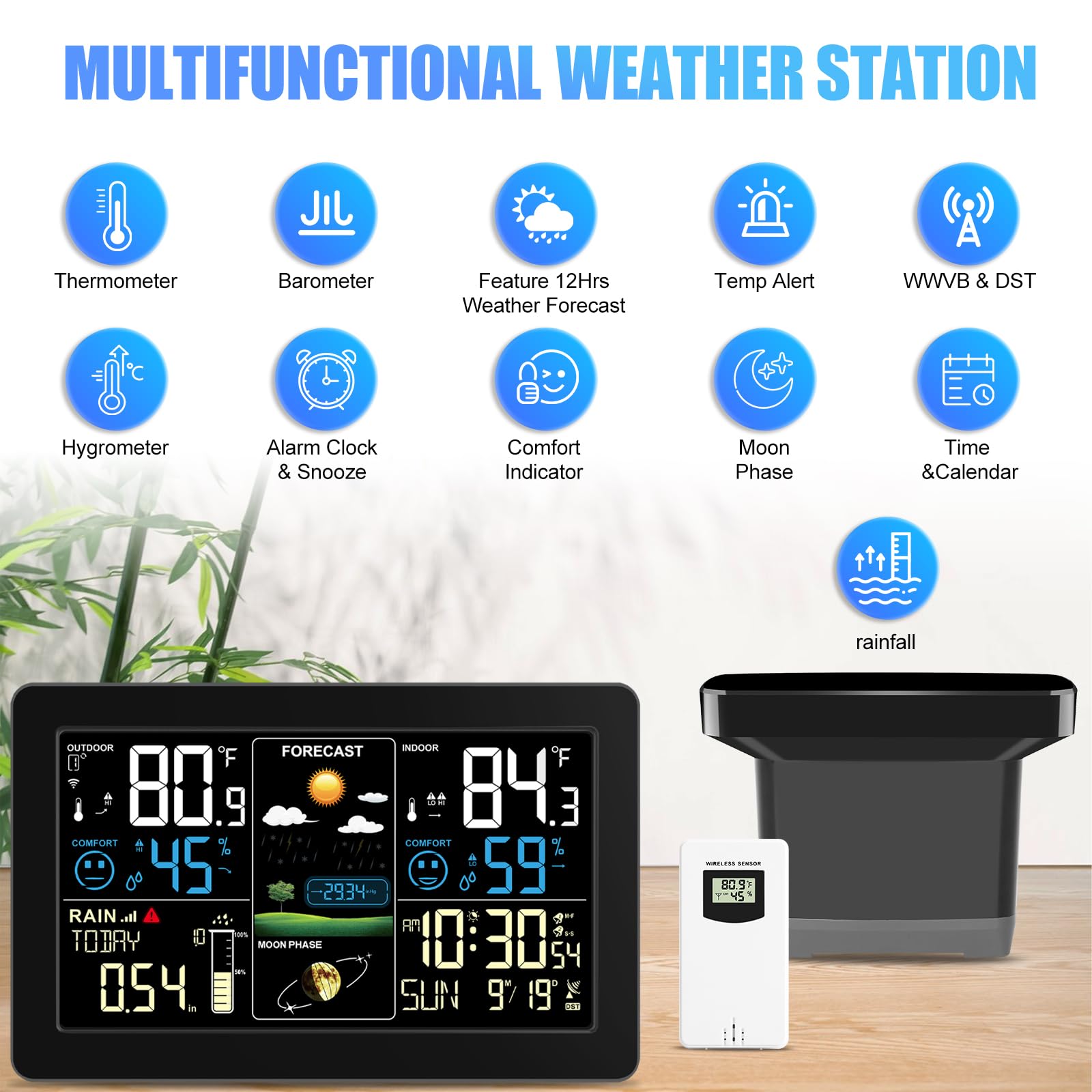 Stazione meteo con pluviometro per esterni, stazioni meteo domestiche, wireless, per interni ed esterni, con pluviometro digitale, termometro, barometro, igrometro, orologio atomico, previsioni meteo