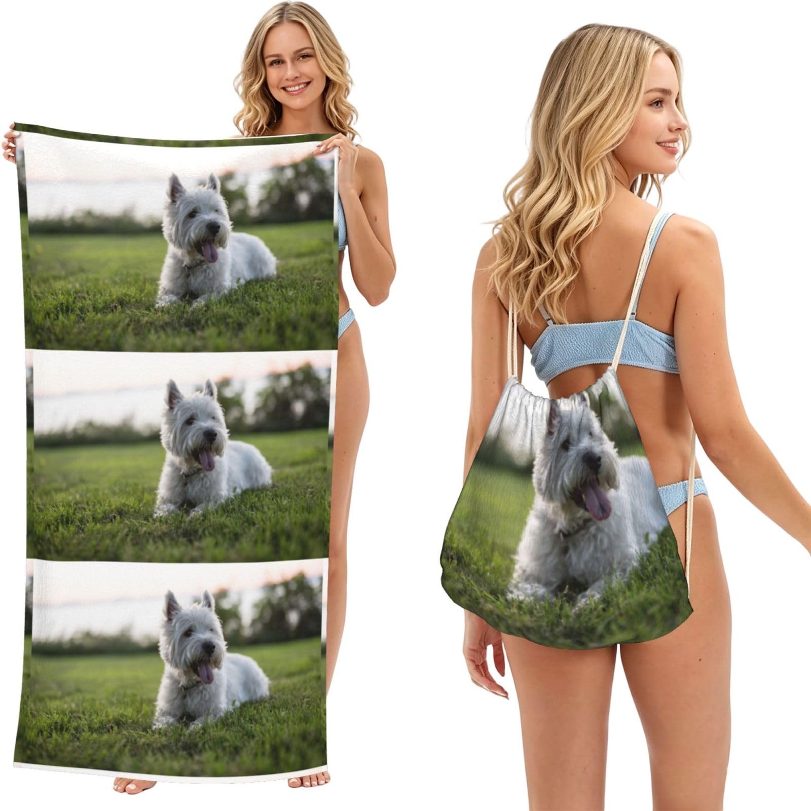 Poadnly As Picture Westie Lawn West Highland White Terrier Dogs, 2 In 1 Packable Towel Bag, Beach Towels With Drawstring Backpack For Travel Holiday Camping