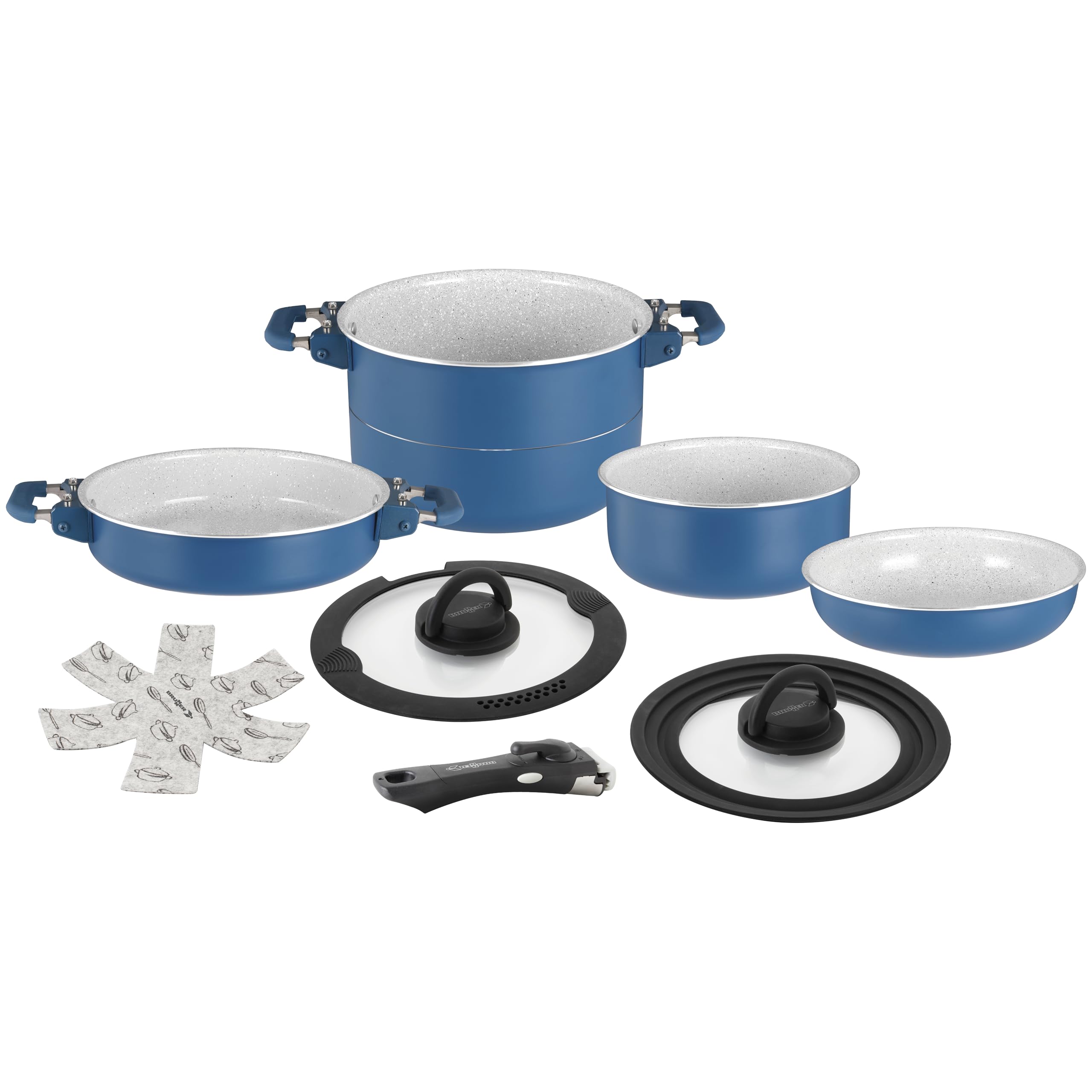 Brunner Carezza Magnetogrip zestaw naczyń kuchennych, indukcyjne, nieprzywierające, ceramiczne garnki i patelnie do kampera, przyczepy kempingowej i łodzi, konstrukcja oszczędzająca miejsce ze