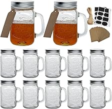 Woaiwo-q 16 oz Mason Jar Mugs with Handles and Silver Lids, Mason Jar Drinking Glasses for Beverages, Old Fashioned Drinking Glass for Wales, Cocktails, Beer, Tea,Party Favors.(12 Pcs)