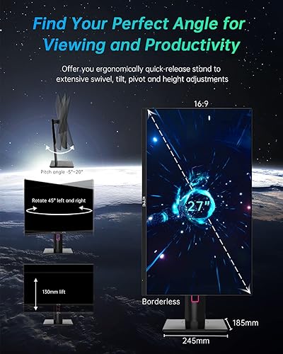 Miniatura 3 de KTC Monitor de juegos de 27 pulgadas 1440p 170Hz, 2K QHD 1ms GTG Fast IPS, HDR, HDMIUSB CDP, FreeSync y G-Sync, ajustable en giro, inclinación,