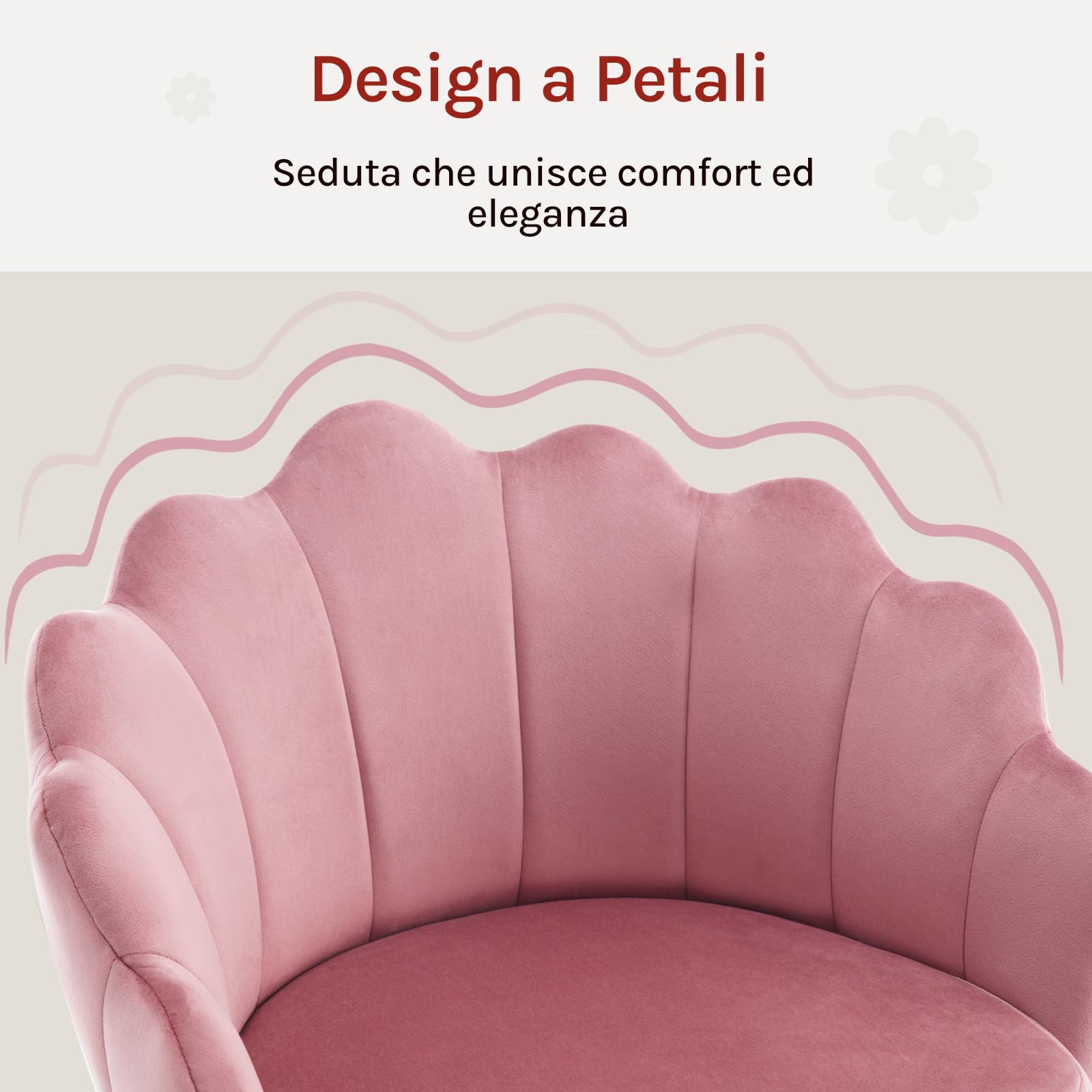 WOLTU Sedia da Trucco con Schienale a Petalo, Sedia Ufficio con Braccioli e Rotelle, Poltroncina Girevole, Altura Regolabile, Velluto, Rosa