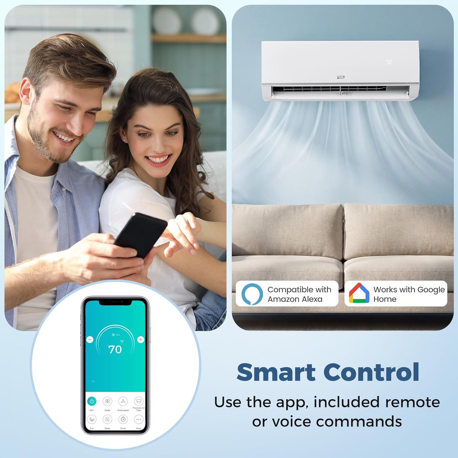 COSTWAY 28K Tri 3 Zone Mini Split AC/Heating System, 20 SEER2 12K WiFi Enabled Split AC w/Heat Pump & Pre-Charged, Line Set Included, 208/230V (Blast Pro Series)