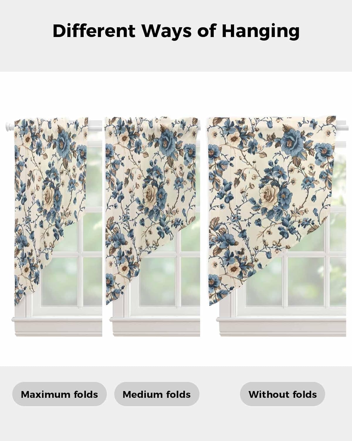 Vintage Blue Flowers Swag Curtains 45 Inch Length, Aesthetic Wildflower Pastoral Floral Semi-Sheer Curtain Drapes Rod Pocket Valance for Kitchen,Living Room,Bedroom,Bathroom,Cafe Window 72" Wx45 L