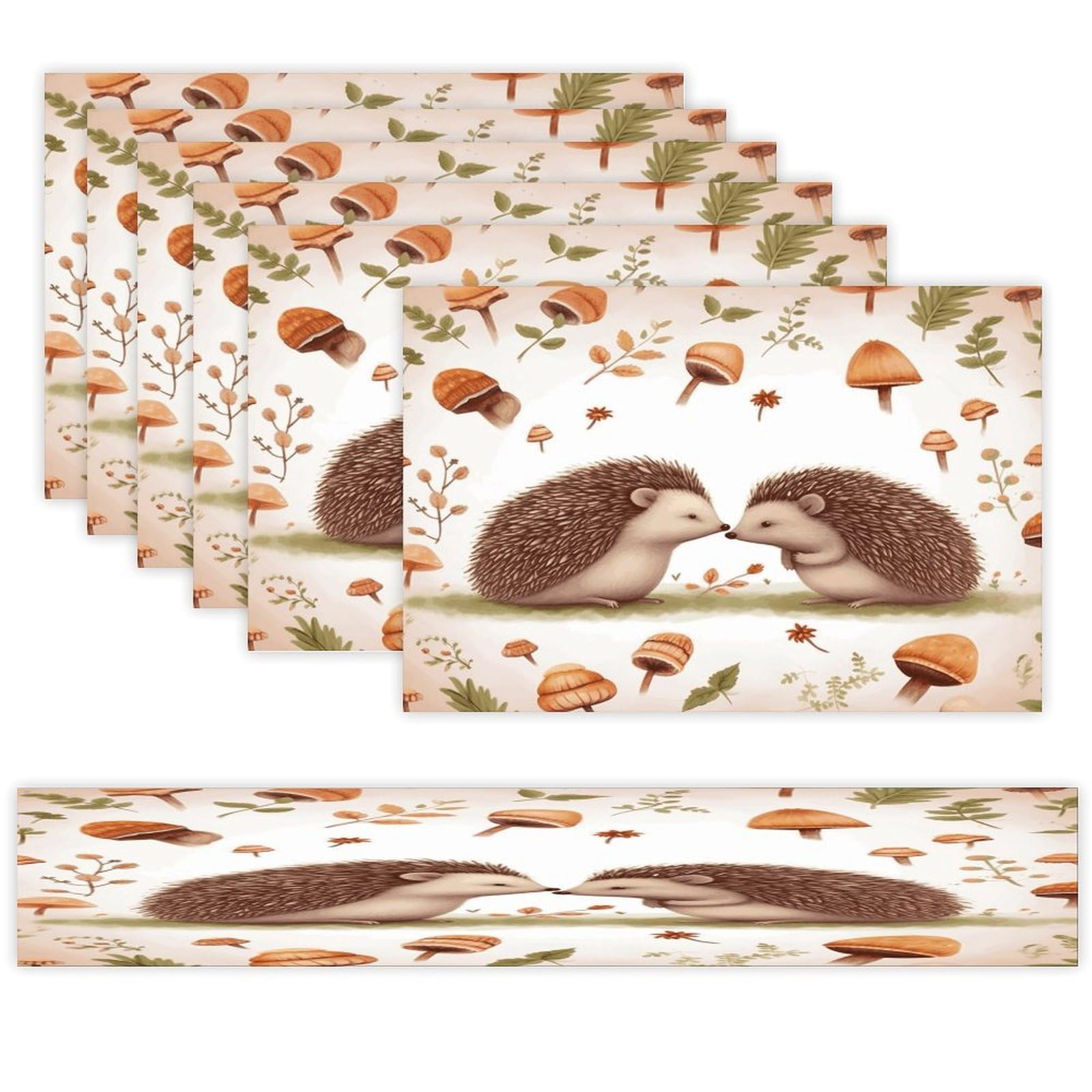Nature Lovely Hedgehog Lovers Table Runner and Placemats Set of 6 for Kitchen Washable Table Mats Heat Resistant Place Mats Non-Slip Place Mat Wipeable Placemat(6 Placemats+1 Table Runner)