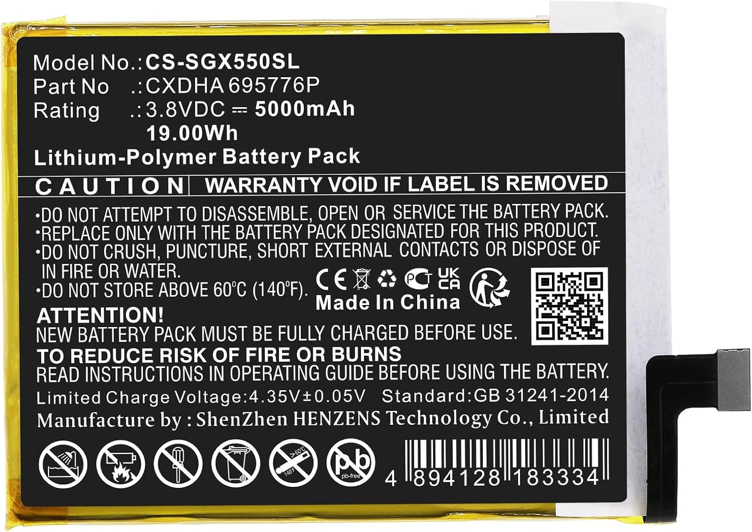 5000mAh/3.8V Replacement Battery for SkyGolf SkyCaddie SX550 CXDHA 695776P