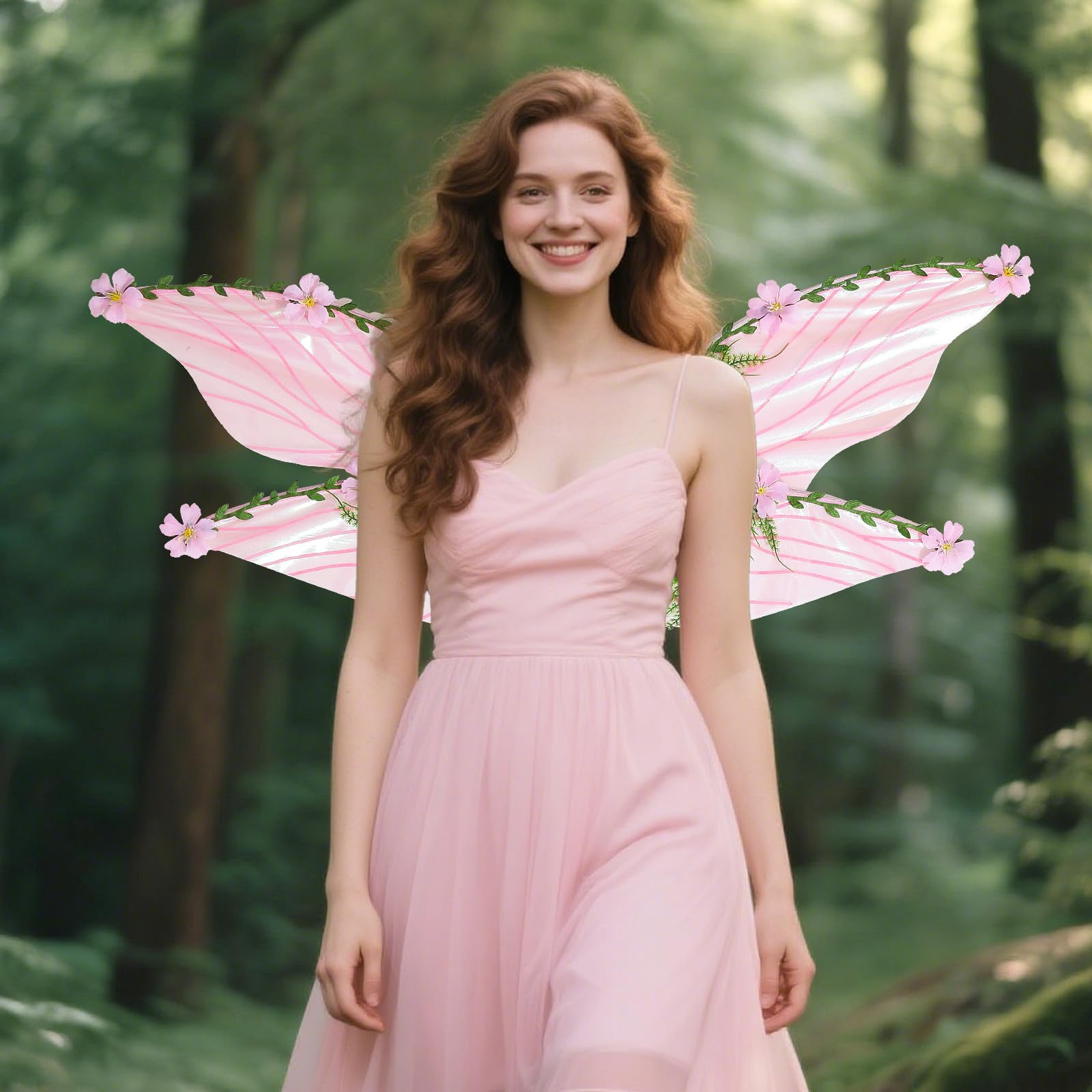 ESSECMBS Halloween Forest Fairy Wings for Women Creative Butterfly Wings with 3D Flowers and Leaves Decor for Cosplay (A-Pink - Image 3