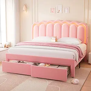 King Upholstered LED Bed Frame with 2 Storage Drawers and Adjustable Chic Double Wavy Headboard, Velvet Princess Platform Bed with Charing Station, Solid Wood Slats Support, No Box Spring Needed, Pink