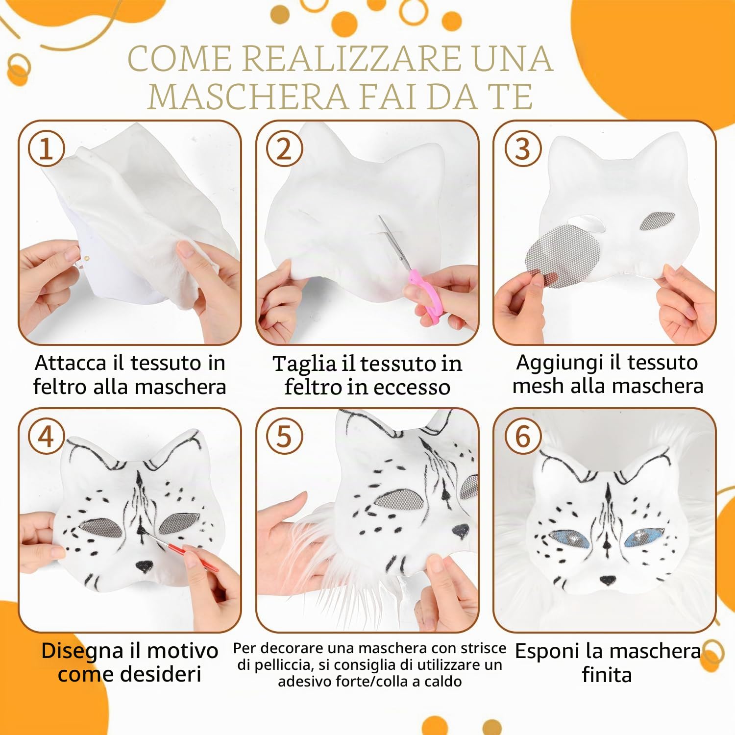 Therian Mask, 6 Pezzi Maschera Gatto con Cinturino Elastico, Feltro Adesivo Brillantini Adesivi per Feste in Maschera, Cosplay, Giochi di Ruolo, Halloween