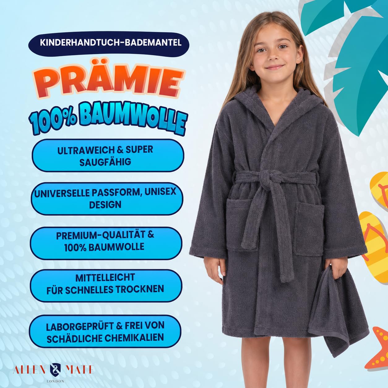 ALLEN & MATE 100% BAUMWOLLE Kinderbademantel mit Kapuze schnelltrocknend für Kinder Jungen und Mädchen Morgenmantel mit Handtuch und Taschen
