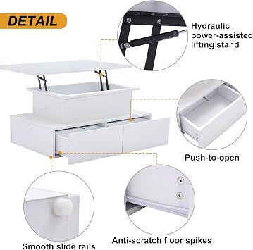 LED Lift Top Coffee Table with Storage Drawers and Hidden Compartment,Smart Bluetooth APP RGB Light Control,Glossy Surface with Hydraulic Lift Stand,Sliding Rails,Multifunctional Tabletop (White)