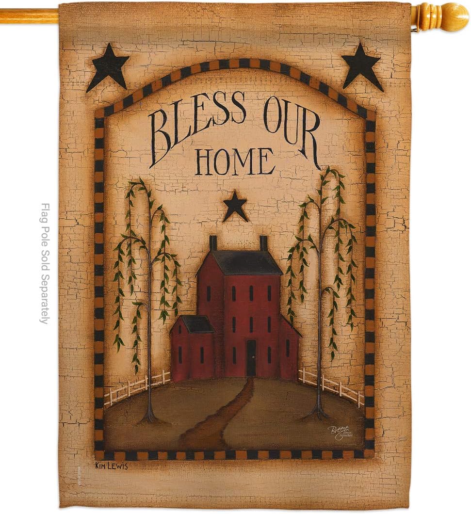 Classic Bless Our Home House Flag Country Living Primitive Farm Western Barn American Rustic Cowboy Rural Ranch Small Decorative Gift Yard Banner Made In USA 28 X 40