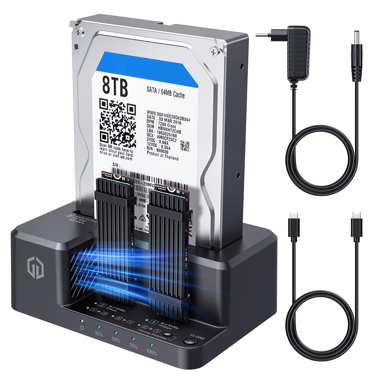 GRAUGEAR Station clone bidirectionnelle pour SSD M2 NVMe M.2, SATA SSD, disque dur 2,5"/3,5" [clonage bidirectionnel] Station d'accueil I M2 SSD Station de clonage I SSD externe I Disques durs