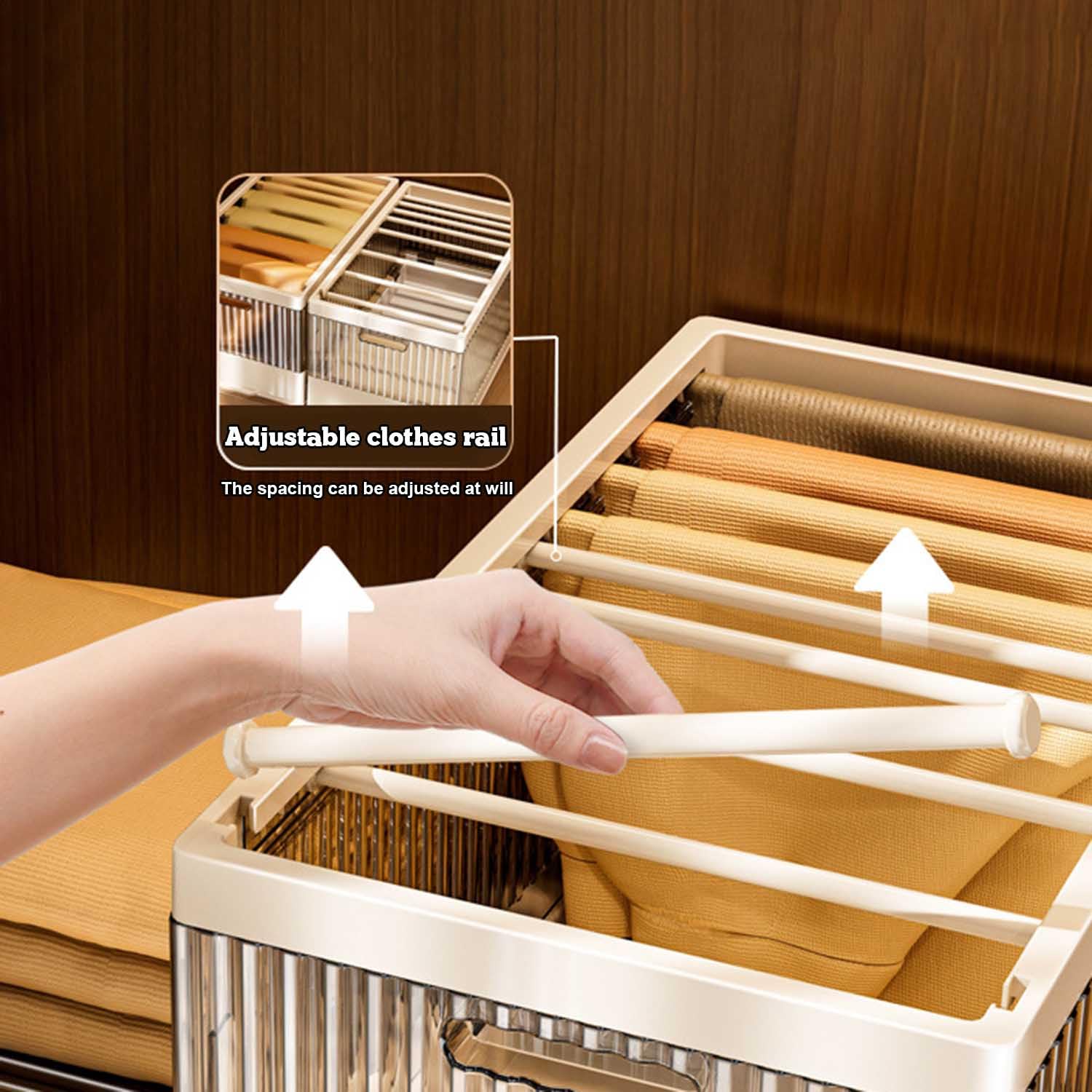 Organizador de ropa para jeans, apilable, plegable, organizador de cajones de armario, caja de almacenamiento para suéter, ropa interior, camisetas, calcetines, con tapa, asa y riel de ropa ajustable,
