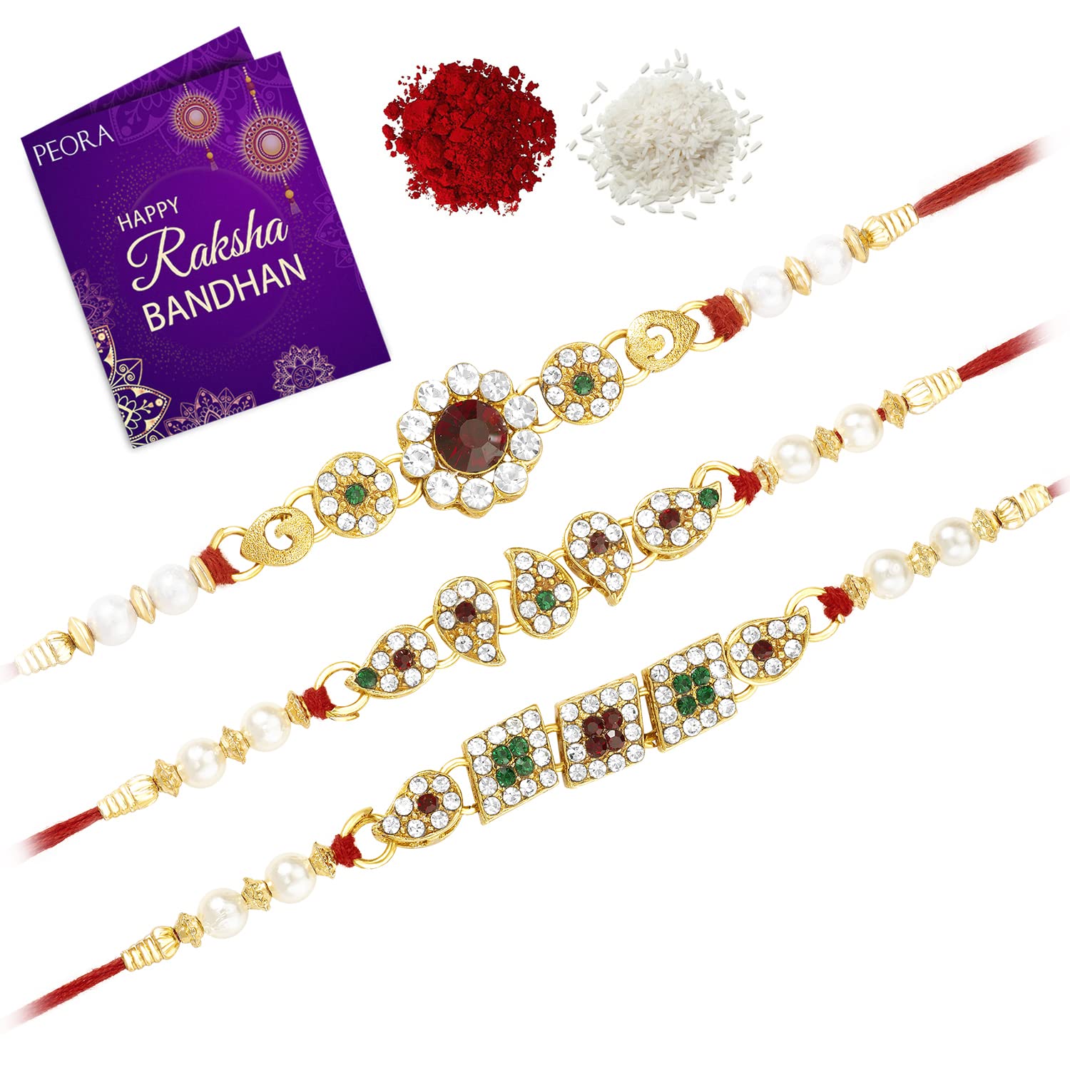 Peora Men Thread Rakhi For Brother Kundan Beads Beautiful Raksha Bandhan Rakhi With Chawal Roli Greeting Card (Combo Pack Of - 3) (B0B37FFZ3R) Amazon Price History, Amazon Price Tracker