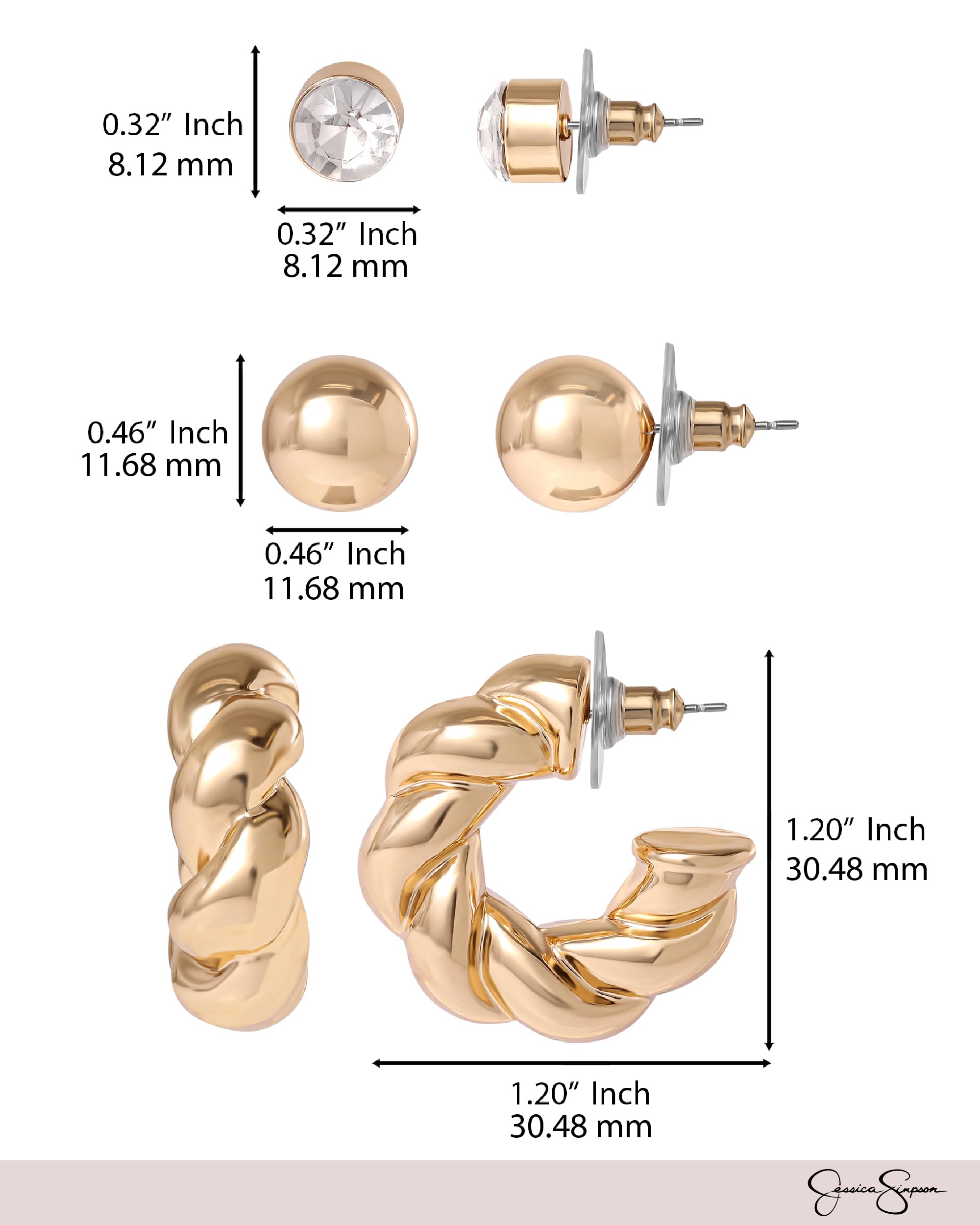 Jessica Simpson Gold-Tone Earrings Pack for Women Set of 3 with Crystal Accents, 2 Stud Earrings and 1 Pair of Chunky Hoops