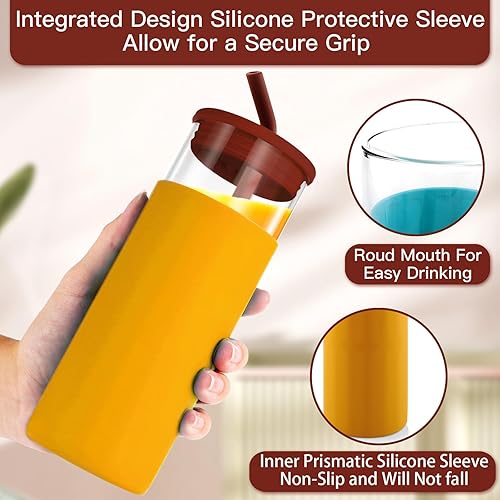 Miniatura 10 de Taza para café helado con tapas y popote, botella de agua de vidrio de 20 onzas con funda protectora de silicona, reutilizable, lindo vaso para