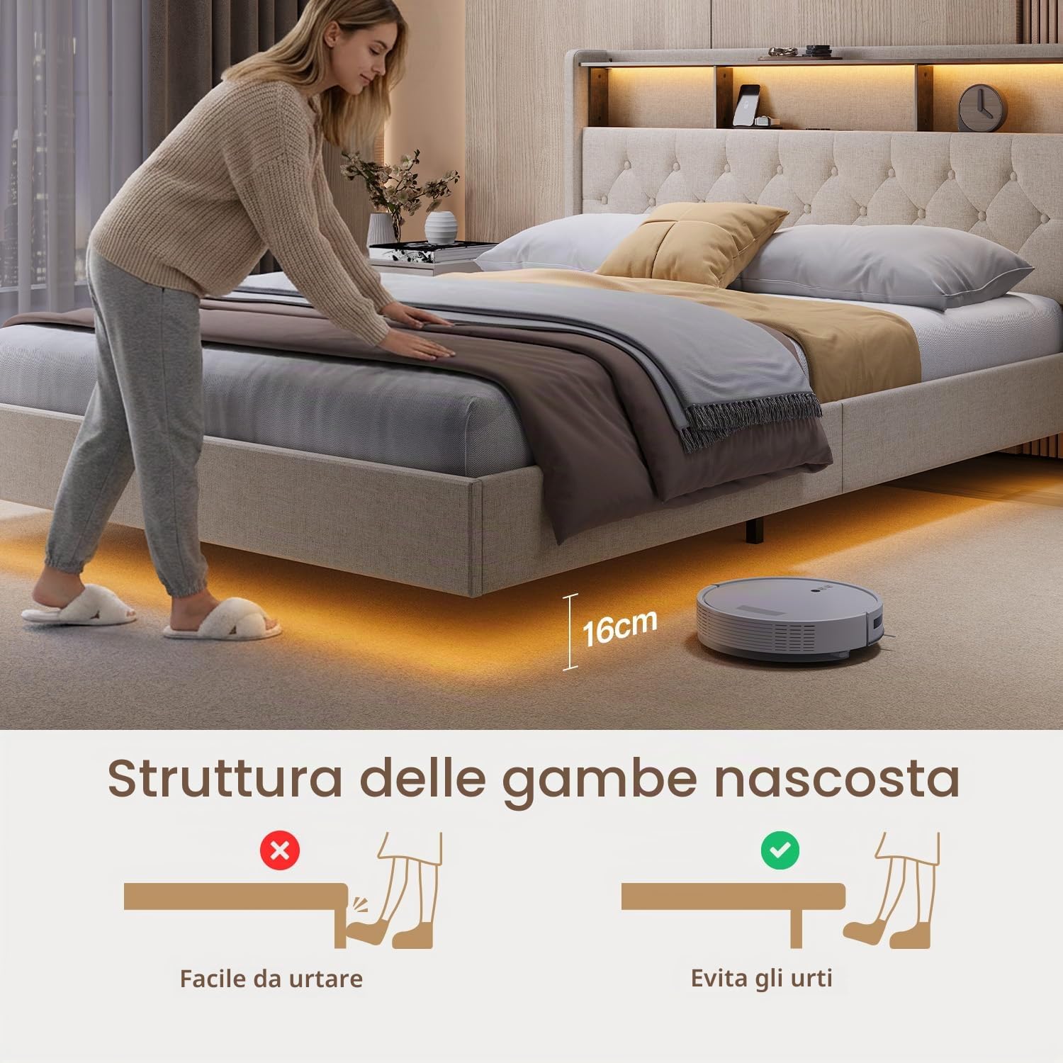 Xbro Letto Matrimoniale 140x200 Fluttuante LED RGB con Prese TYPE-C