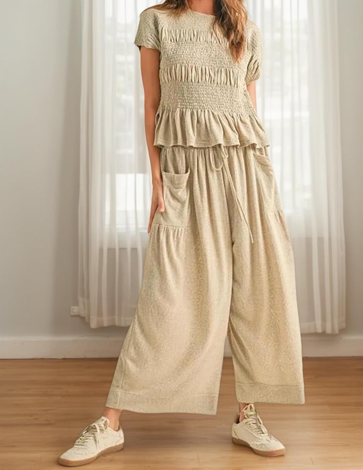 Womens 2 Piece Smocked Top Wide-Leg Pants Set Boho Outfits With Pockets Casual Ruffle High-Waisted Matching - Image 5