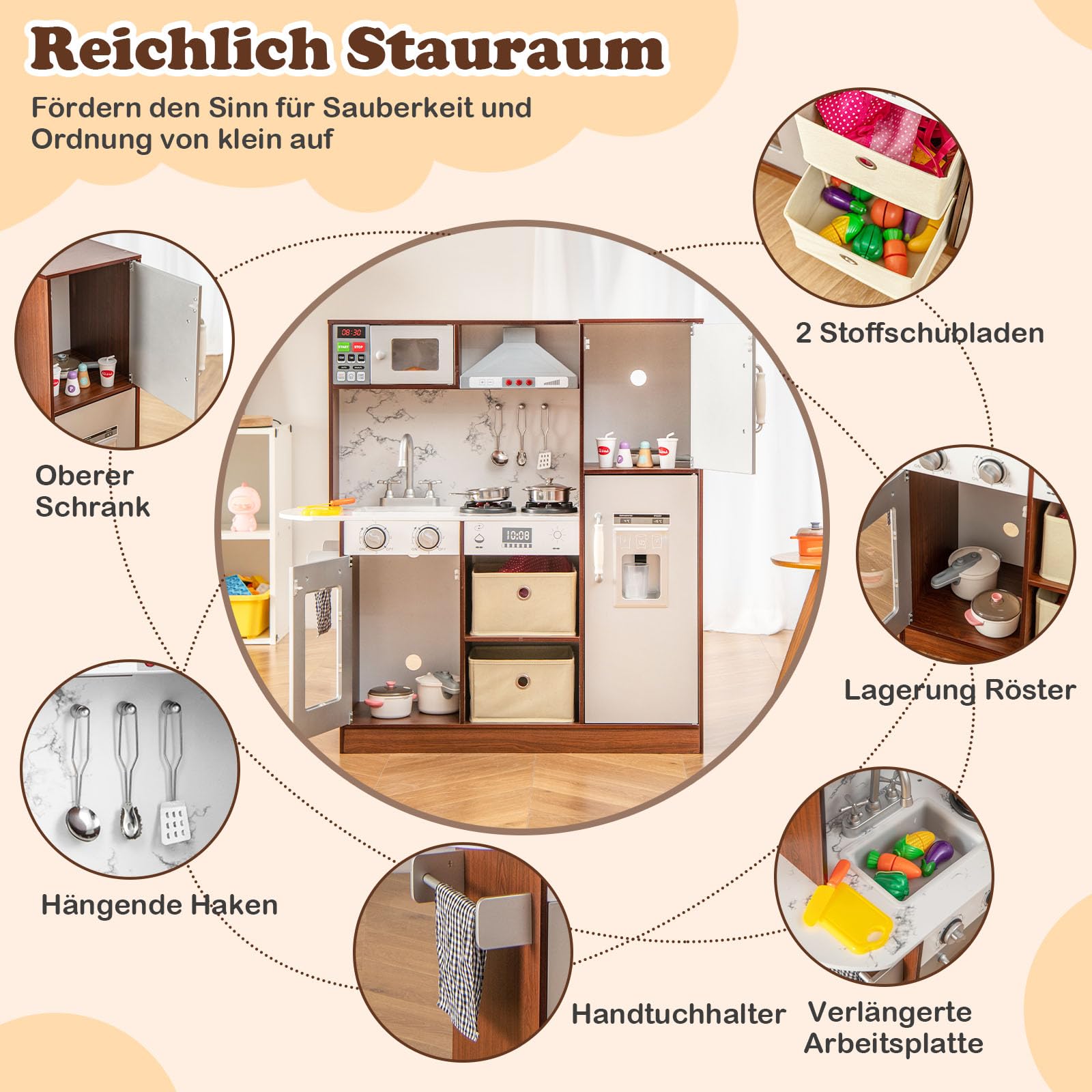 DREAMADE Kinderküche mit Licht und Sound, Kinder Küche aus Holz mit Tafel Herd Dunstabzugshaube Spüle Backofen, Spielküche mit 17 TLG. Zubehör für Kinder ab 3 Jahren