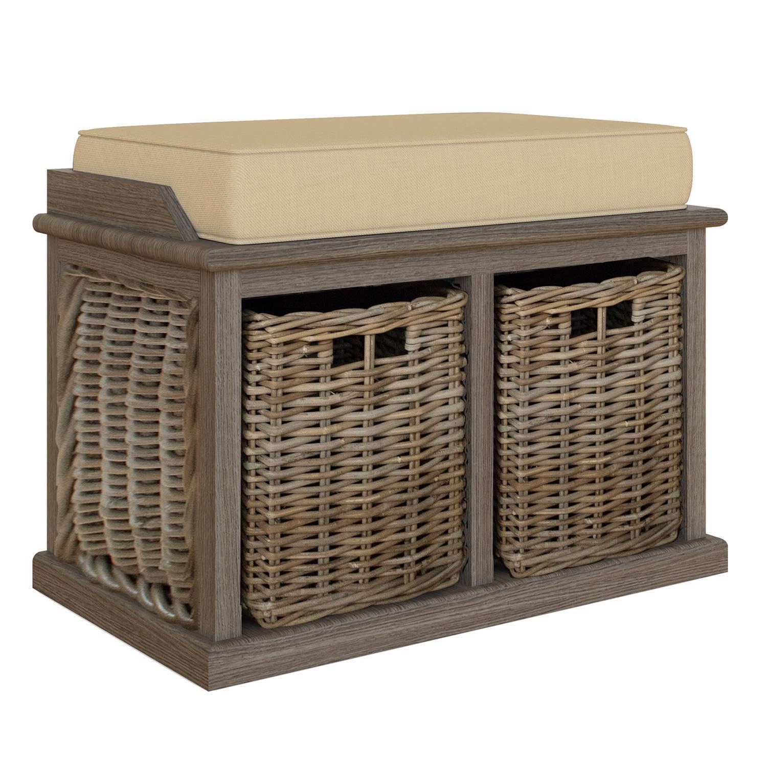 FWStyle Handmade Kubu Rattan Small Storage Bench with Baskets & Cushion 70cm