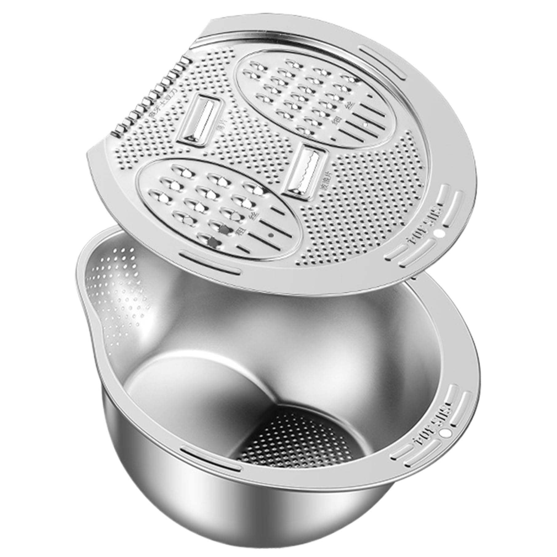 Colador de arroz Lavadora de arroz con drenaje lateral con tapa de rallador Recipiente de lavado de acero inoxidable 304 con orificio para colgar Recipiente colador inferior en forma de V para lim